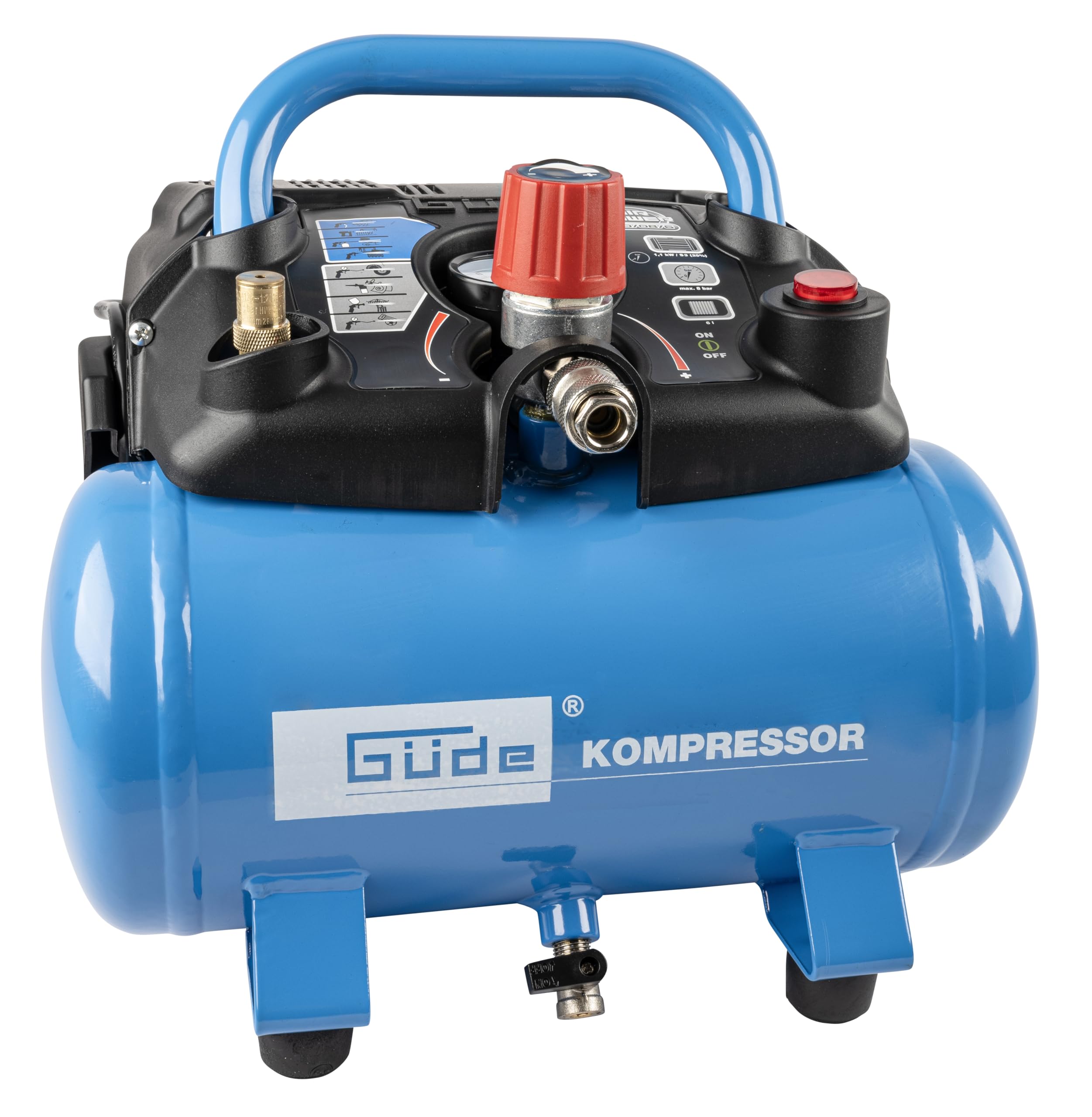Güde Kompressor Airpower 190/08/6 (ölfrei, max. Druck 8 bar, Kessel 6 l, 1100 W, eff. Liefermenge 145 l/min, Druckminderer/Manometer/Kondensatablassschraube, inkl. 6-tlg. Zubehör, Testnote SEHR GUT)