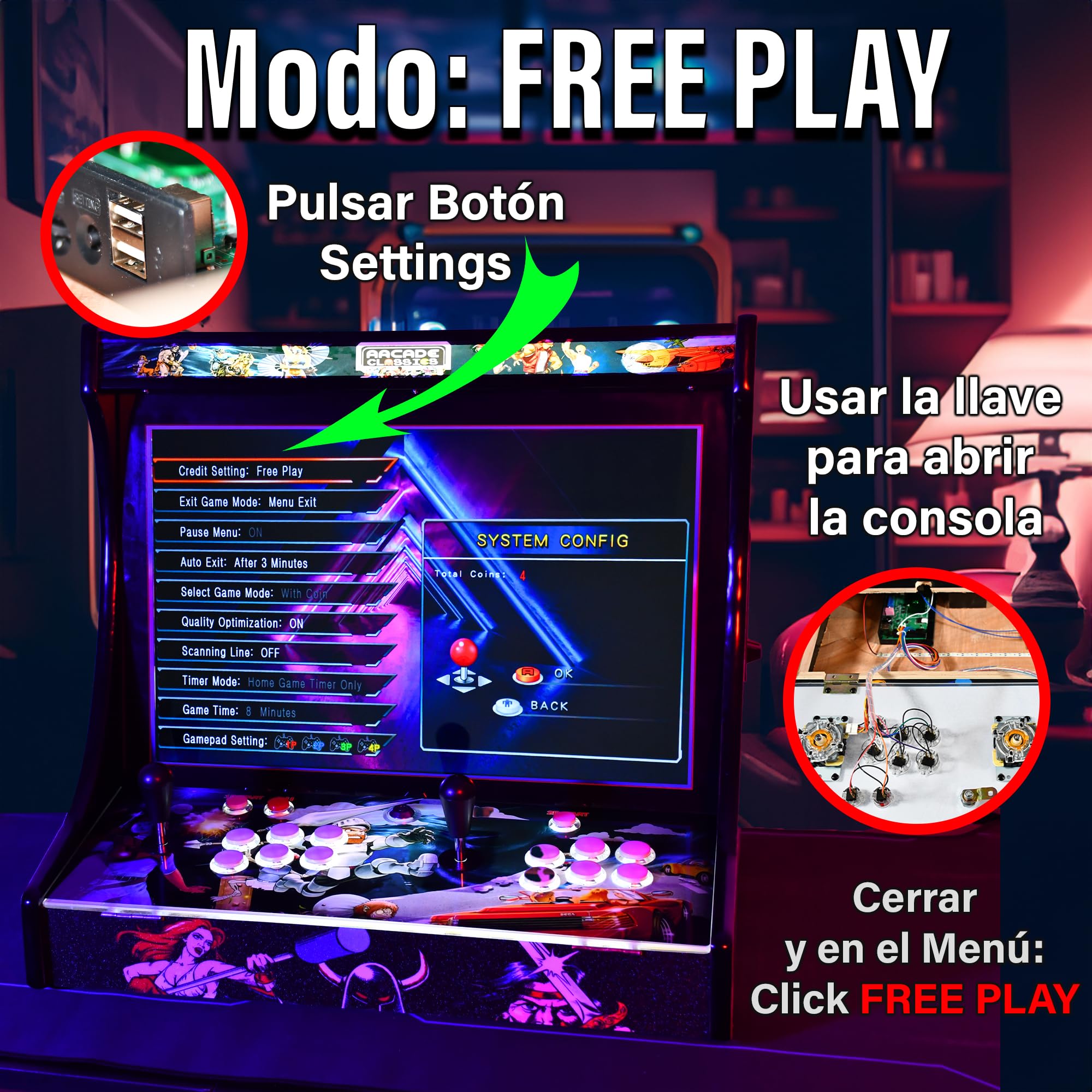 Máquina Arcade Retro 22" con Pantalla HD | 2 Jugadores | 6 Botones por Jugador | Modo Free Play o Monedero | Altavoz Integrado | Marquesina LED | Mueble Arcade Hecho a Mano