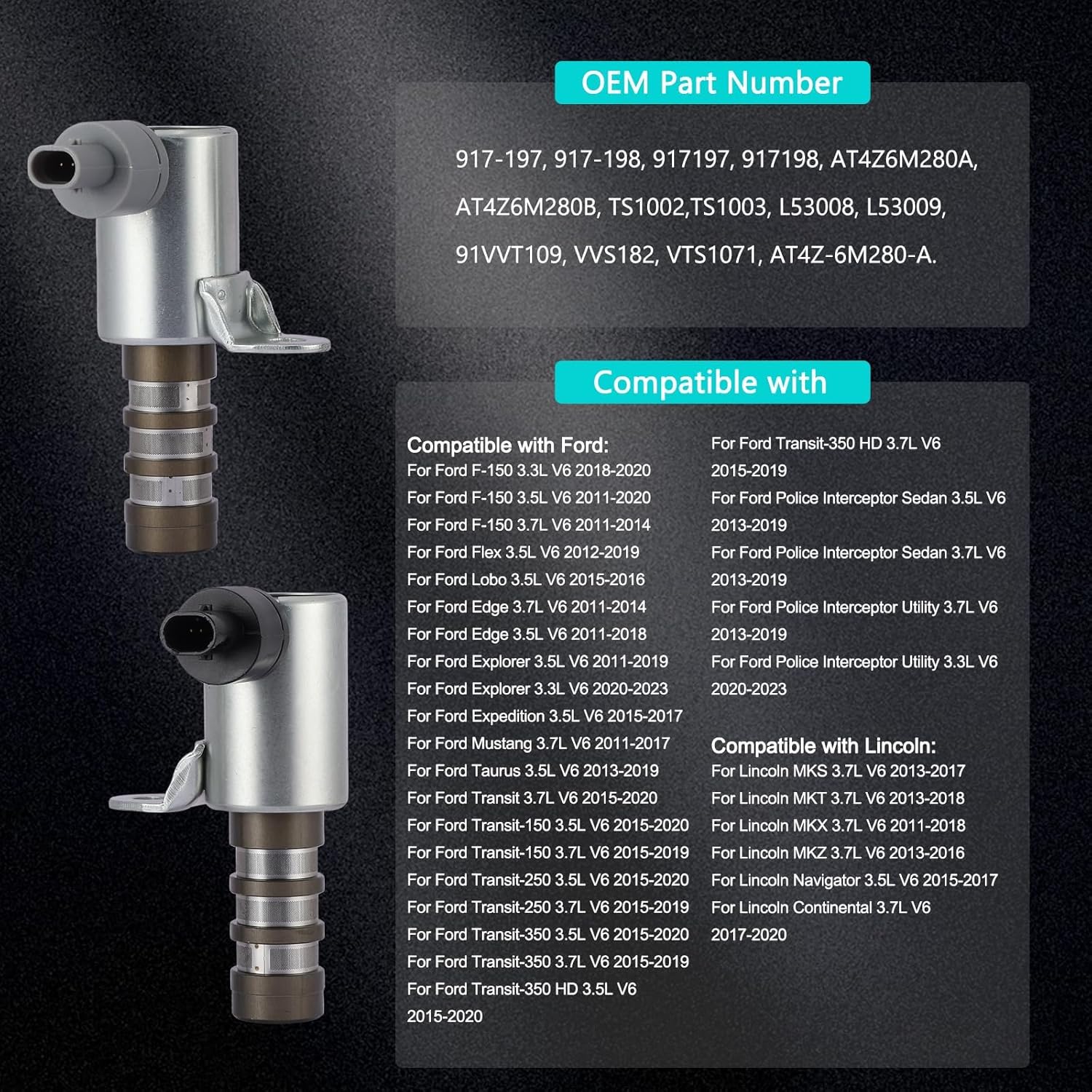 4 PCS 917-197 917-198 AT4Z6M280A AT4Z6M280B OCV Oil Control Variable Valve (3.3L 3.5L 3.7L) Timing VVT Solenoid For Ford Explorer Transit F150 Flex Edge Expedition Mustang Taurus,For Lincoln MKX MKS