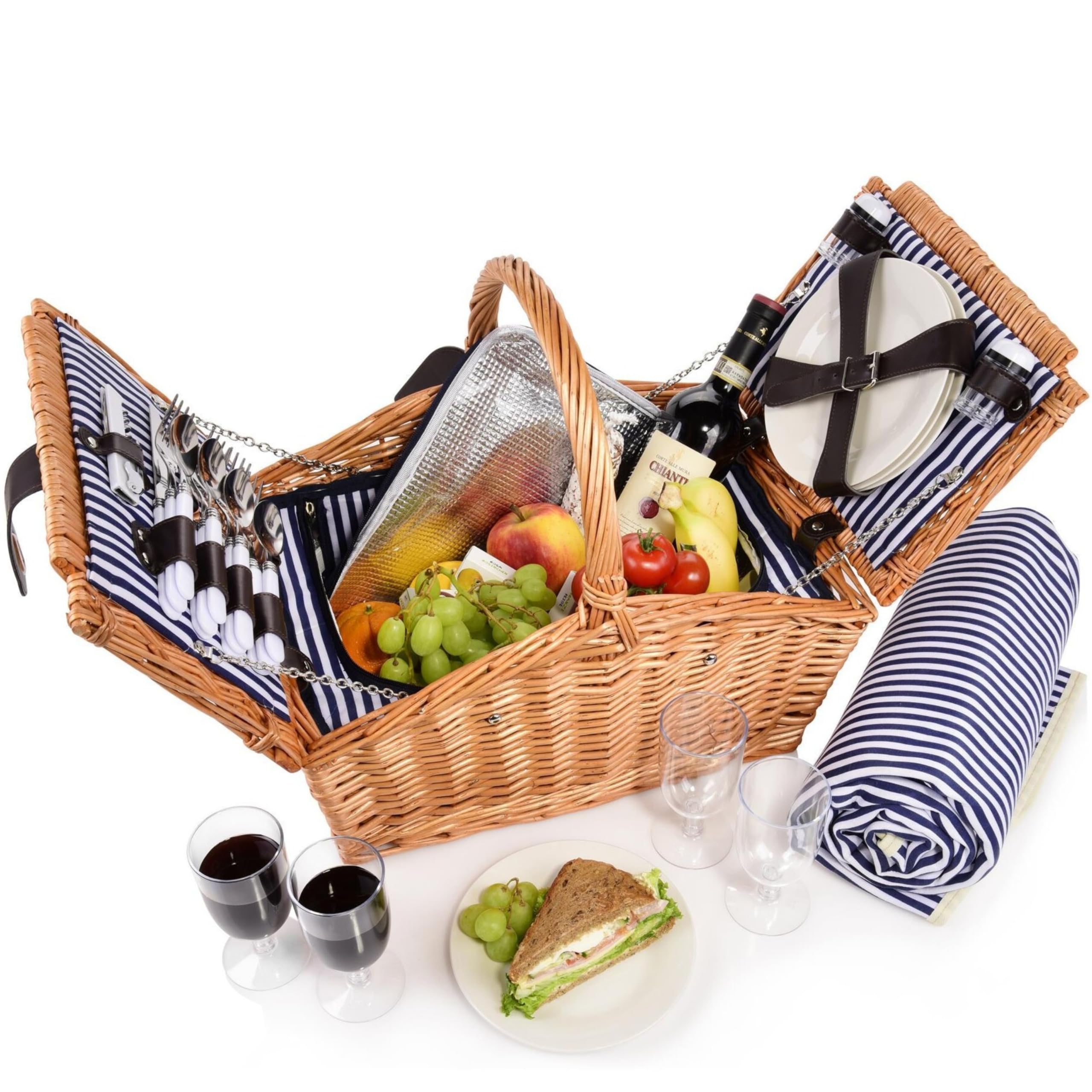 Sänger | Picknickkorb Sylt, 24-teiliges Komplettset für 4 Personen, Picknickkorb Groß, Picknick Decke & Geschirr