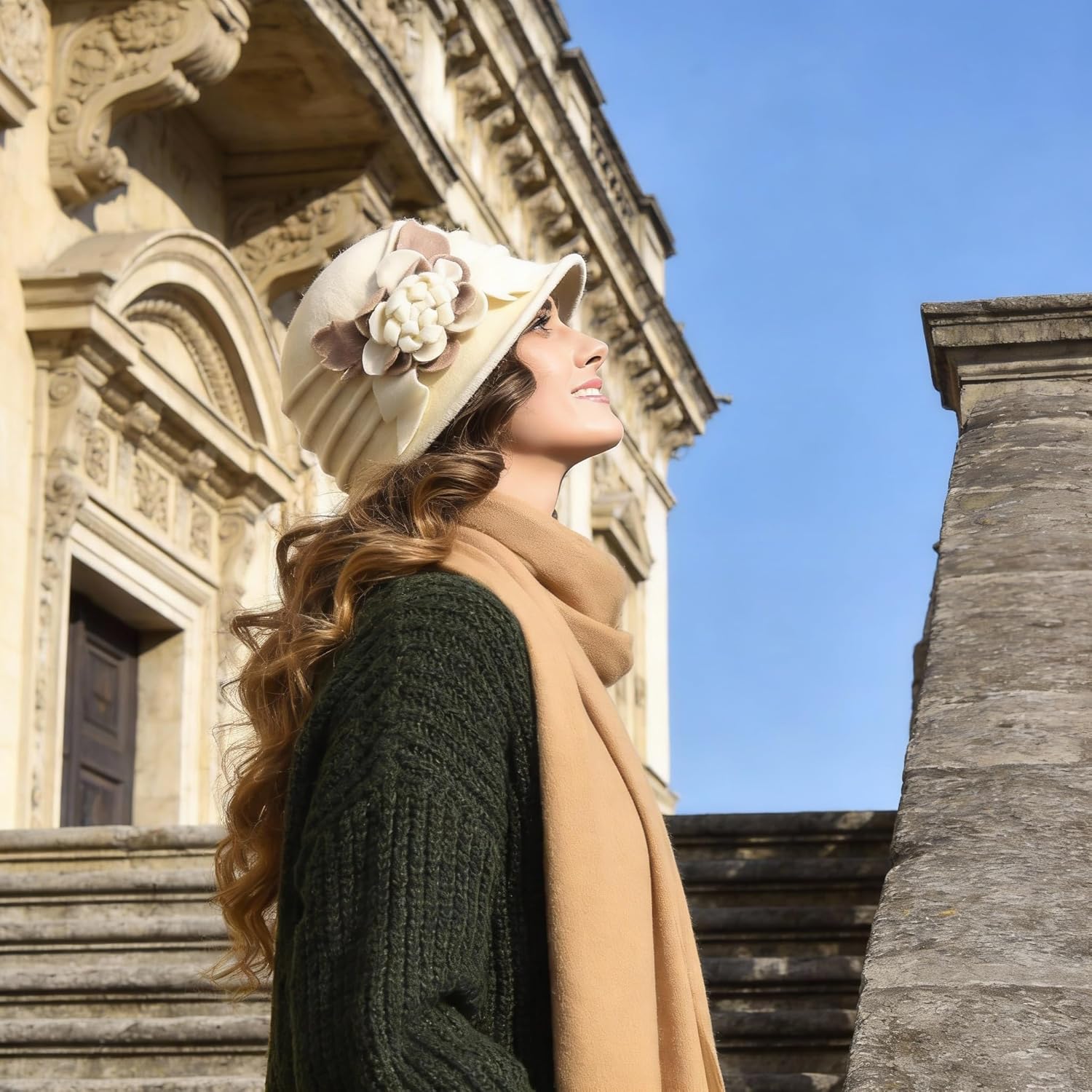 Vintage Women Floral Wool Dress Cloche Winter Hat 1920s - Image 6