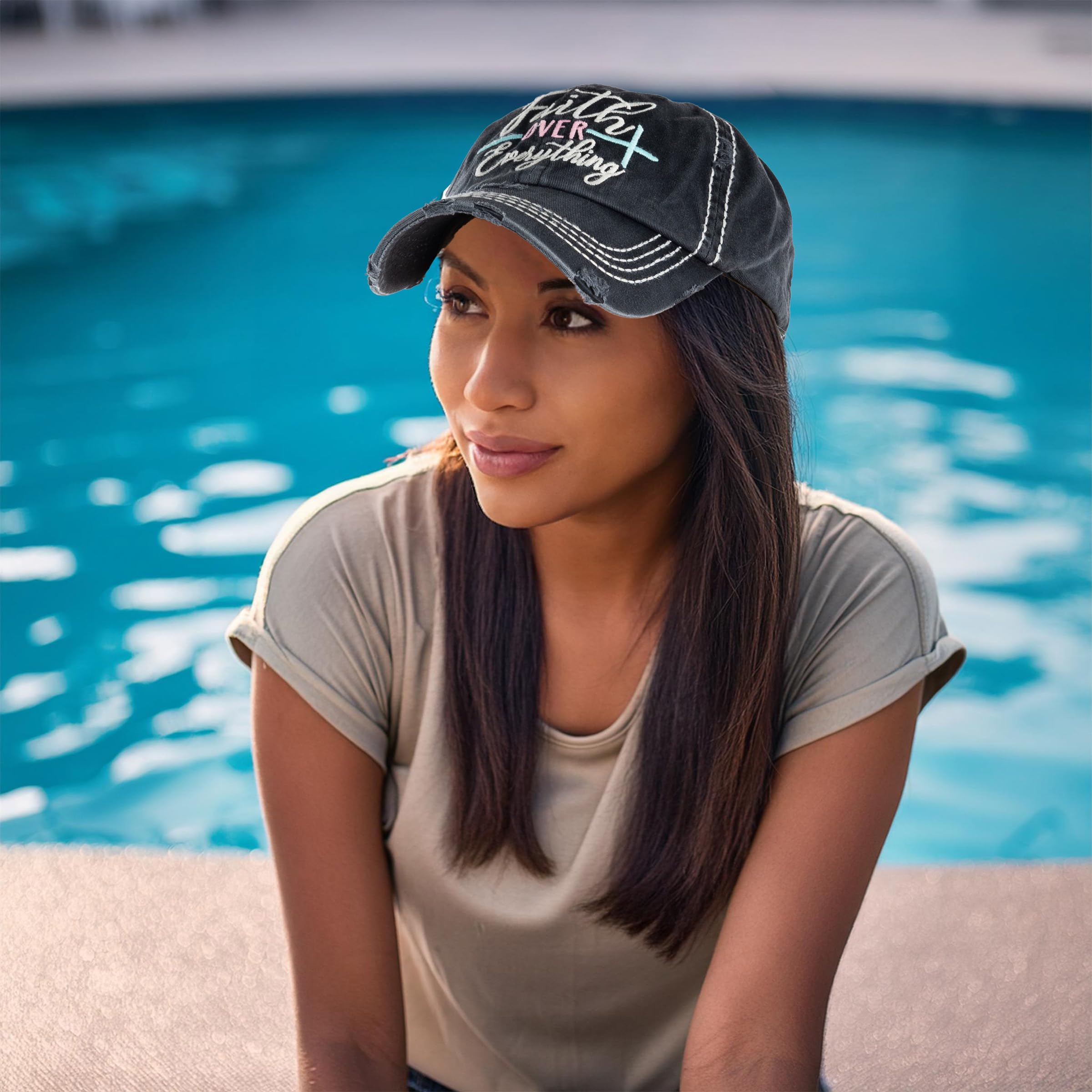 Funky Junque Womens Baseball Cap Distressed Vintage Unconstructed Embroidered Patch Hat (Faith Over Everything - Black)
