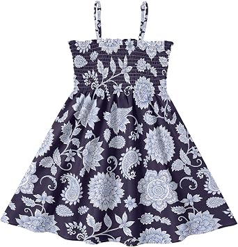 Exnundod Girls Casual Dress Smocked Spaghetti Strap Dress Floral Paisley Pattern Design Sleeveless Sundress 2-8T