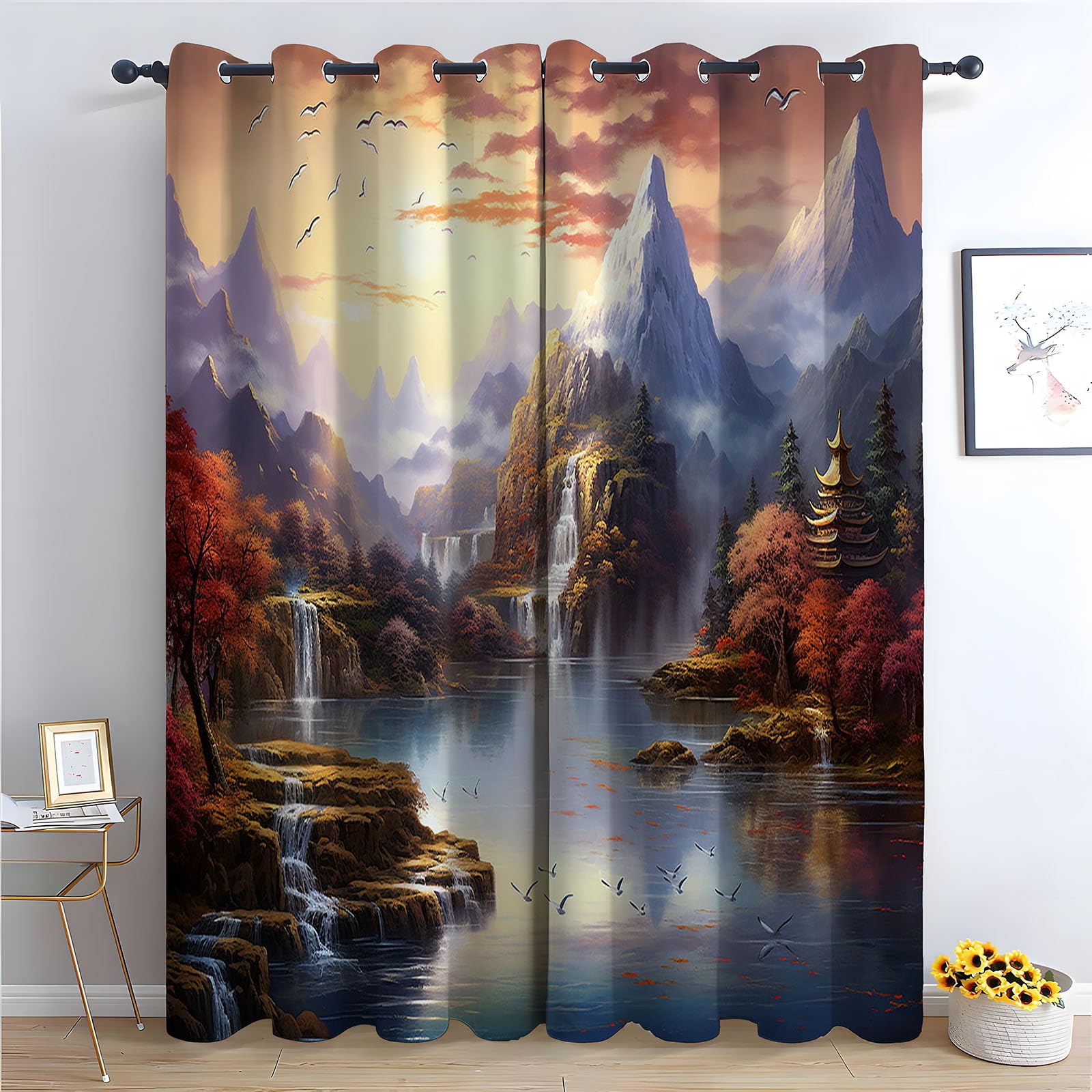 WIKEO Floral Curtains for Living Room Bedroom Natural Mountain Trees Textured Farmhouse Curtain Leaf Printed Eyelet Rustic Drapes Window Treatment-52 W x 96" L (Pack of 2)