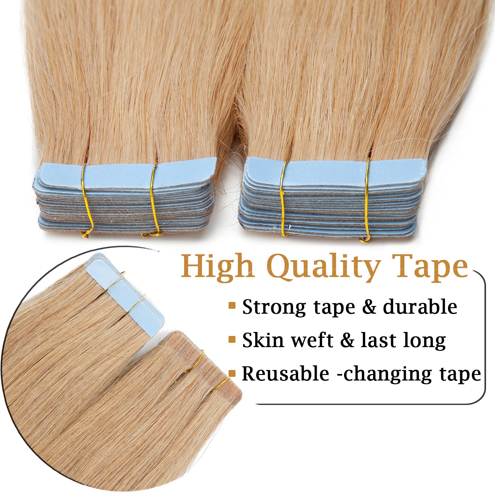 SEGO 40 PCS Extensions Adhesives Cheveux Naturels Bande Adhésif - 45cm (40Pcs) 24#Blond Naturel 100g (2.5g/Pièces)- Tape In Remy Hair Vrai Cheveux a Froid Invisible