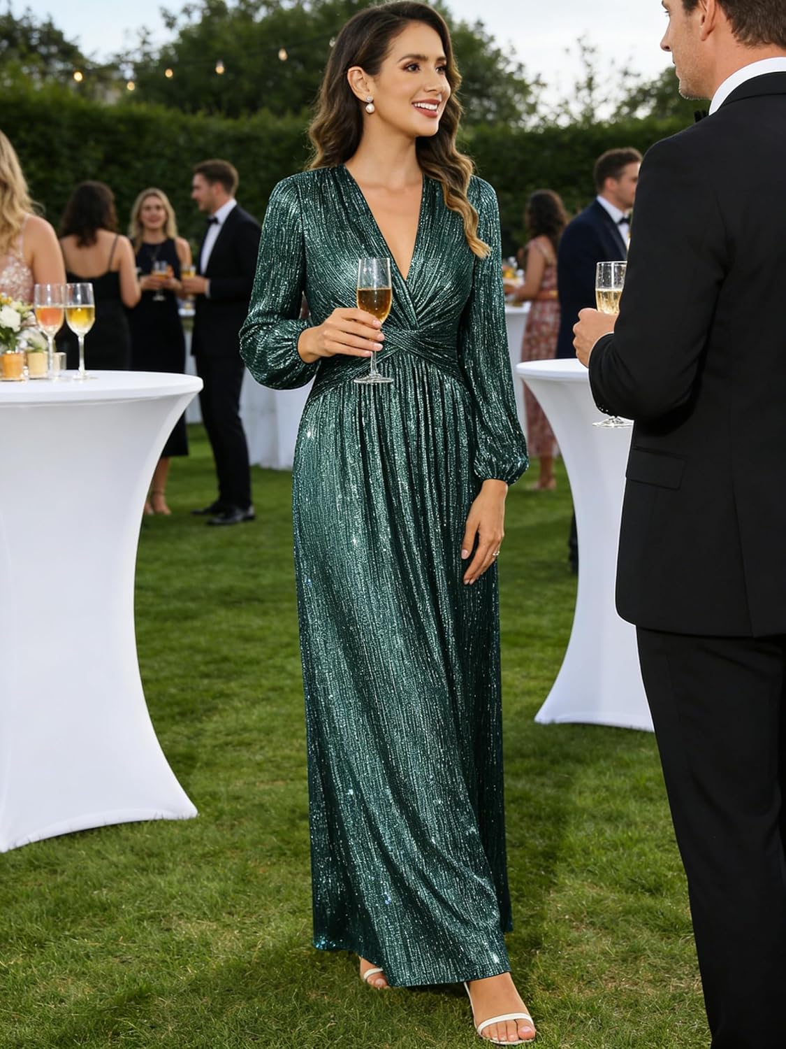 Sequin Glitter Formal Dresses for Women Long Sleeve Mother of The Bride Dresses V Neck Evening Gown - Image 4