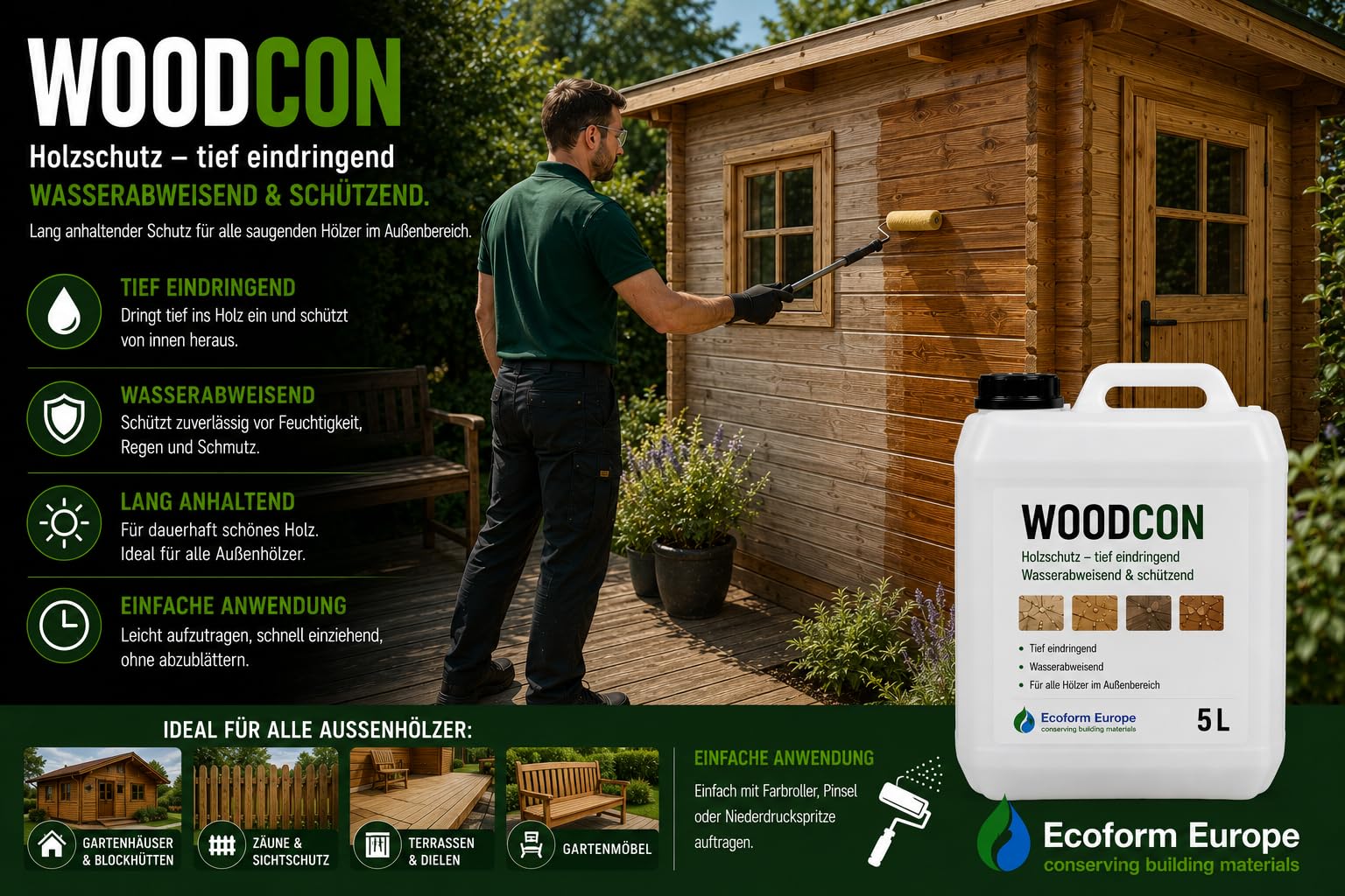 Woodcon Holzversiegelung | Holz und Multiplex wasserabweisend machen | Holzschutz | ergiebig | kein Mattglanz | überstreichbar | 1 liter