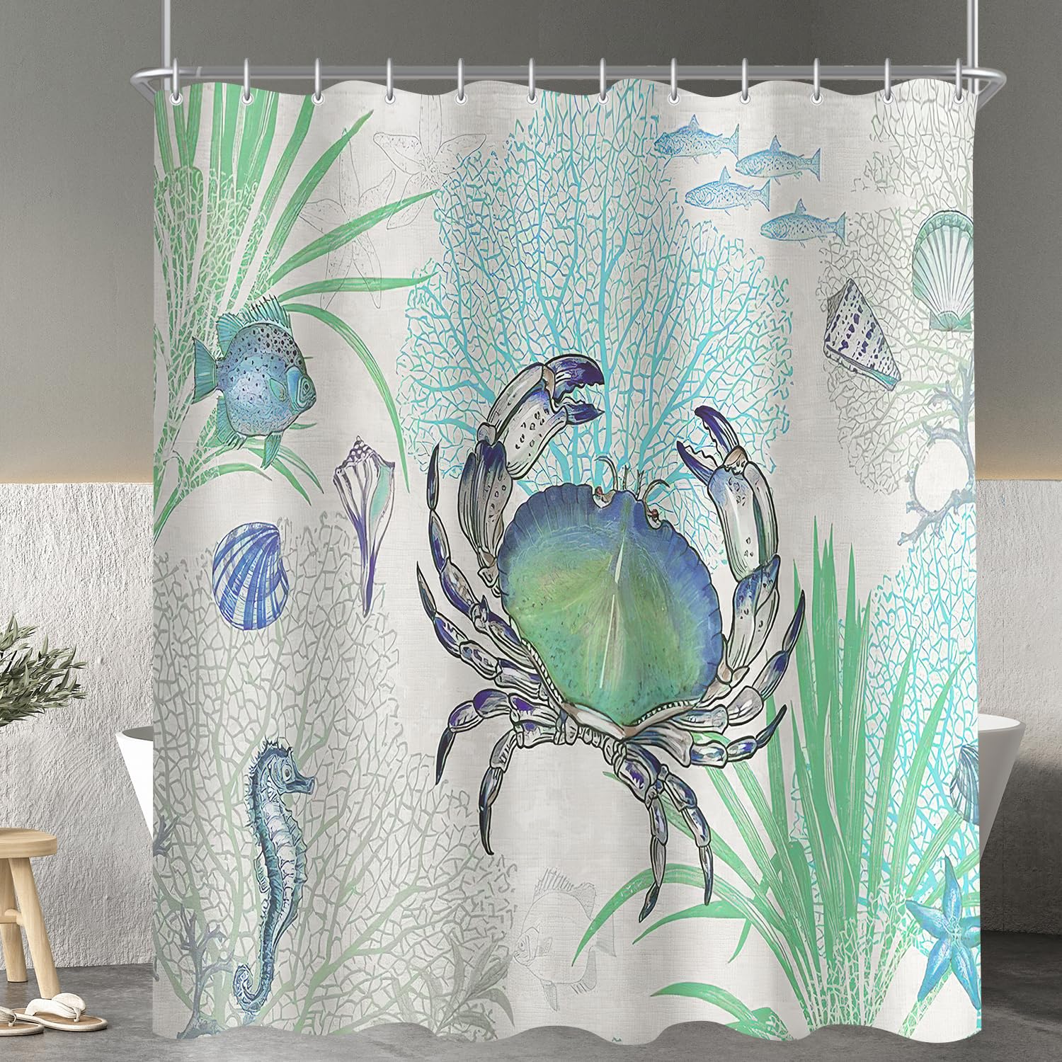 Lerores Shower Curtain 180 x 200 cm Crab Motif, Weighted Hem, Anti-Mould Textile, Water-Repellent