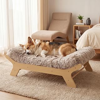 Muihood Elevated Wood Dog Bed Frame with Foam Mattress, WoodPattern, M