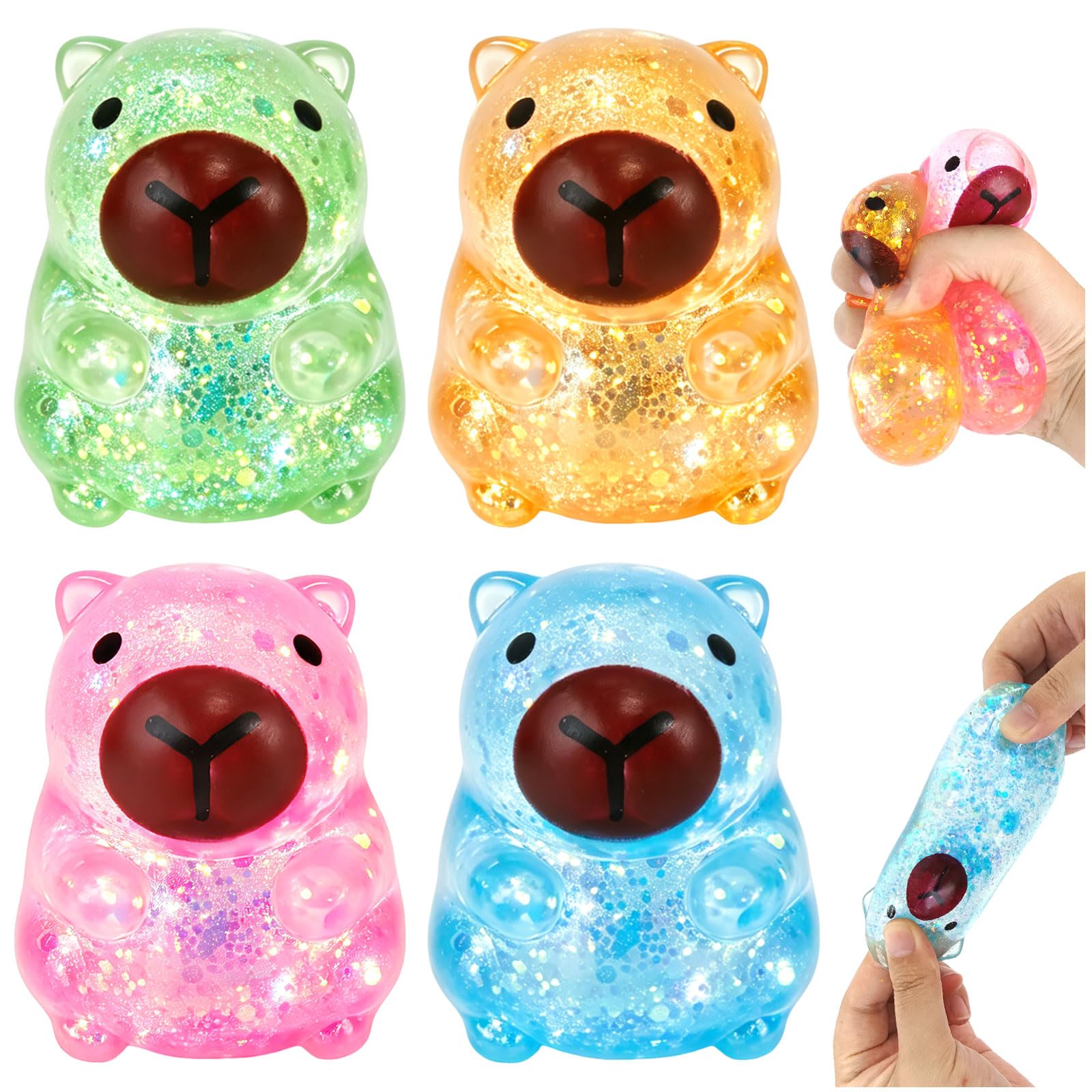 4PCS Capybara Squishy Set, Sugar Filled Squishies with Glitter Effect, Slow Rising Kids Squishy Toys, TPR Maltose Capybara Toy, Portable Glitter Stress Balls, Sensory Anxiety Relief For Kids & Adult