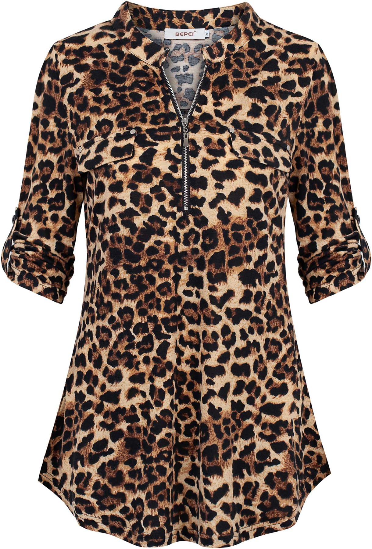 Womens Floral 3/4 Sleeve Shirts Zip up V Neck Work Chiffon Blouses Top