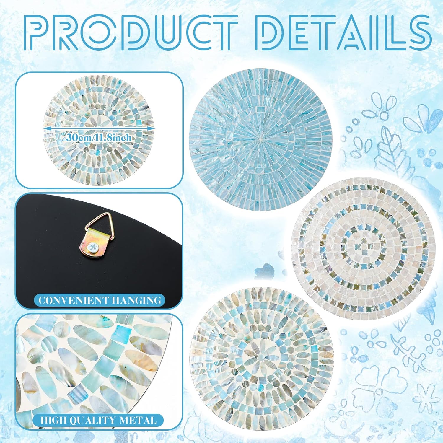Tioncy 3 Pcs 11.8 Inches Spring Summer Blue Mother of Pearl Shell Plate Coastal Wall Art Mosaic Wall Sculpture Shell Handmade Hanging Plates Arts for Bedroom Bathroom Home Office Hotel