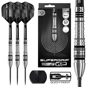 Harrows SuperGrip QP Bomb 90% Tungsten Darts Steeltip Darts Set with Quick Point Interchange System Available in 23g and 25g Includes Supergrip Shafts & 100 Micron Flights