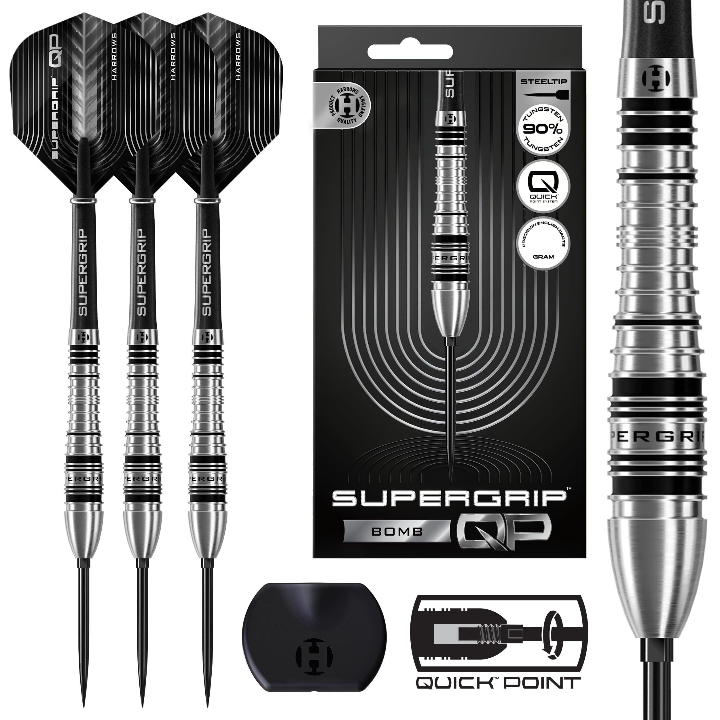 Harrows SuperGrip QP Bomb 90% Tungsten Darts | Steel Tip Darts Set with Quick Point Change System | Available in 23g and 25g| Includes Supergrip Shafts & 100 Micron Flights (25g)