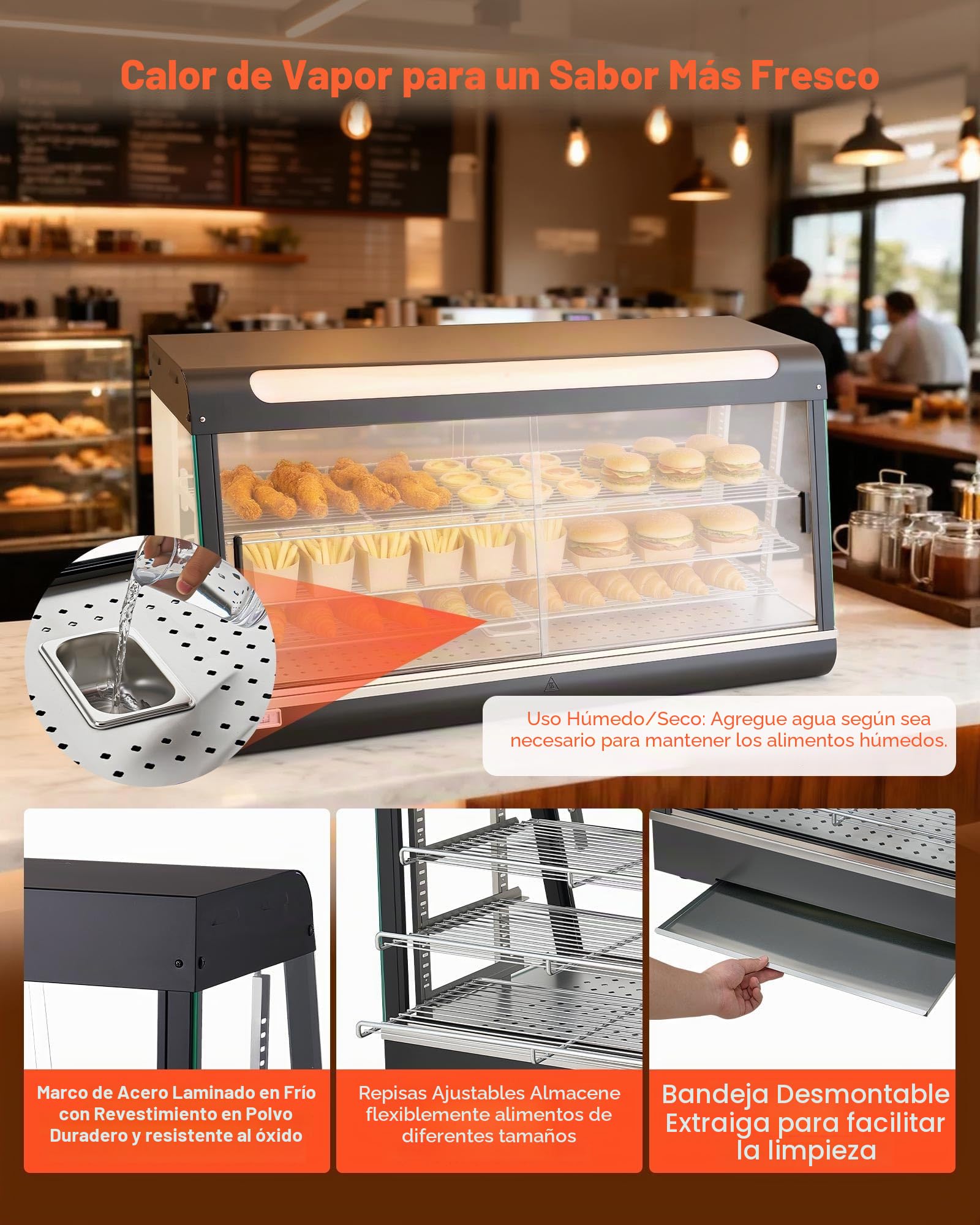 VEVOR Vitrina de Calor para Hostelería 3 Niveles 1600 W, Expositor Calentador de Alimentos 180 L con Luz LED, Estantes Extraíbles, 30 °C a 85 °C, para Tapas, Hamburguesas, Pizzas, Pan, Pollo Frito