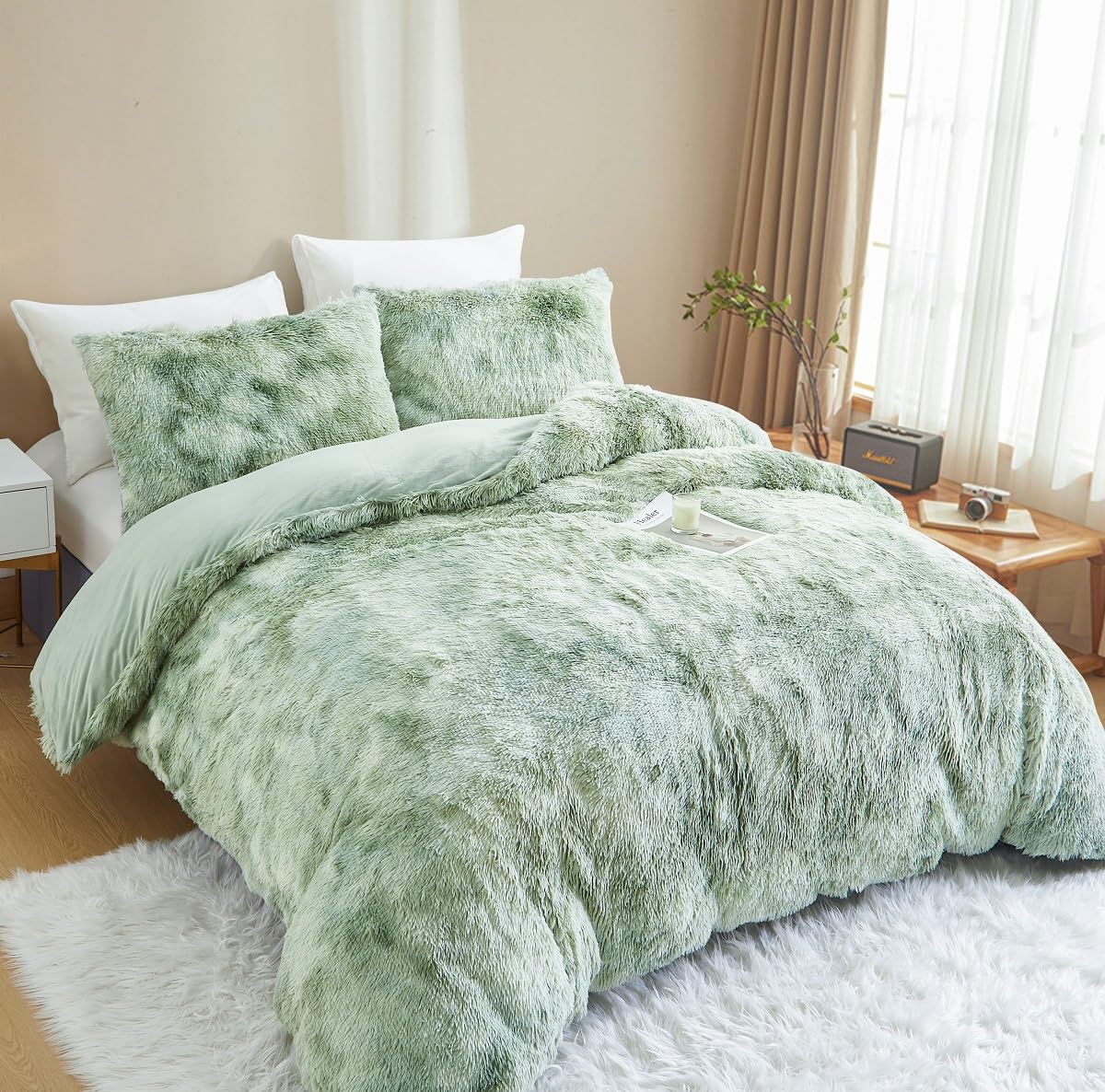 Sacebeleu Ropa de cama de invierno de 135 x 200 cm de felpa de pelo largo de franela mullida, funda nórdica de franela verde y blanco, ropa de cama de invierno degradado de color, cálida funda nórdica