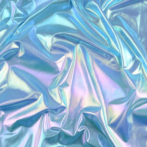 URROMA 1.5M Metallic Foil Stretch Fabric,Blue Hologram Spandex Iridescent Shimmer Sewing Craft Laser Gradient Fabric for Dancewear, Costumes & Decoration - Blue