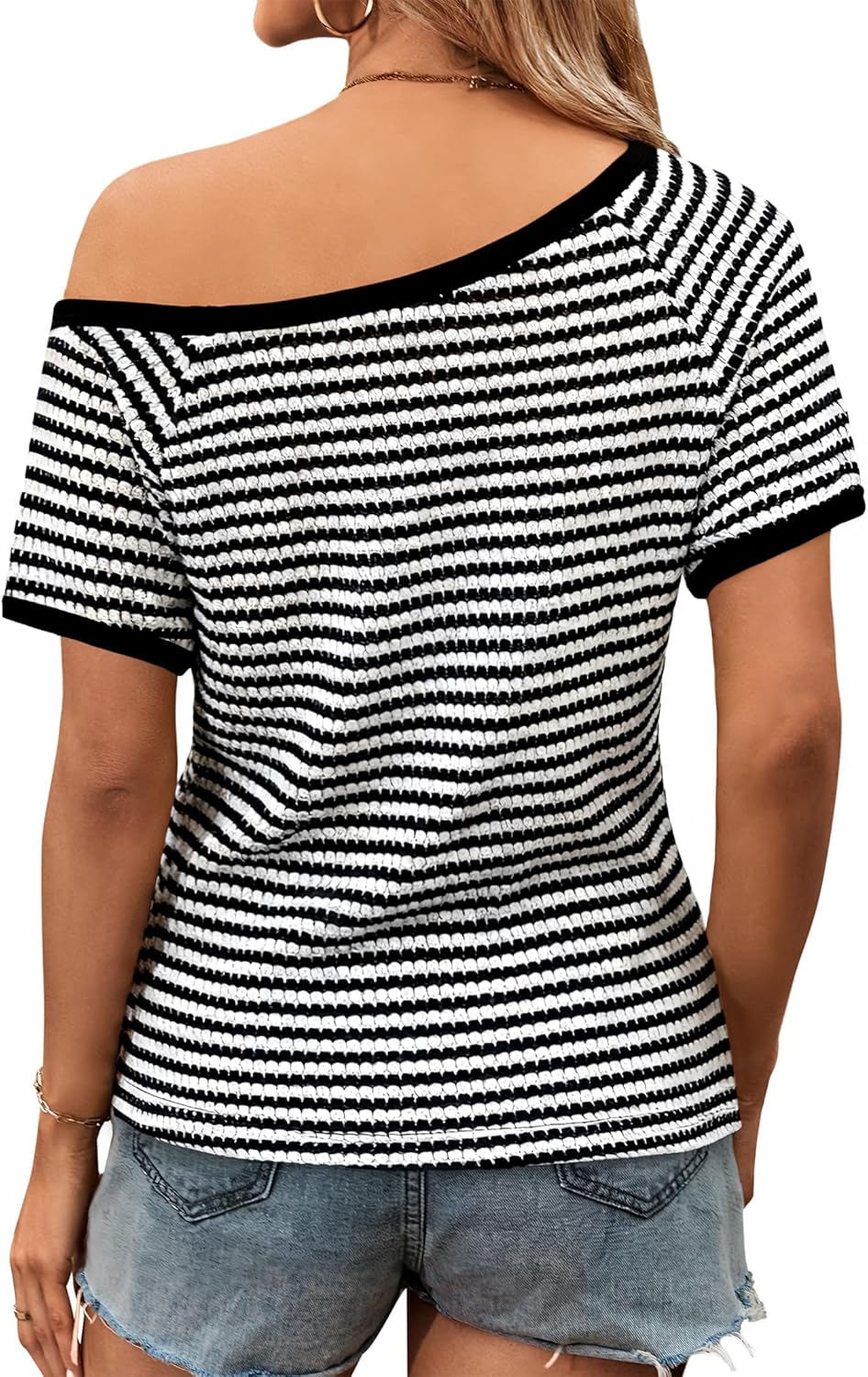 Hilinker Women's Off The Shoulder Crochet Tops Striped Short Sleeve Casual Summer Shirt - Image 3