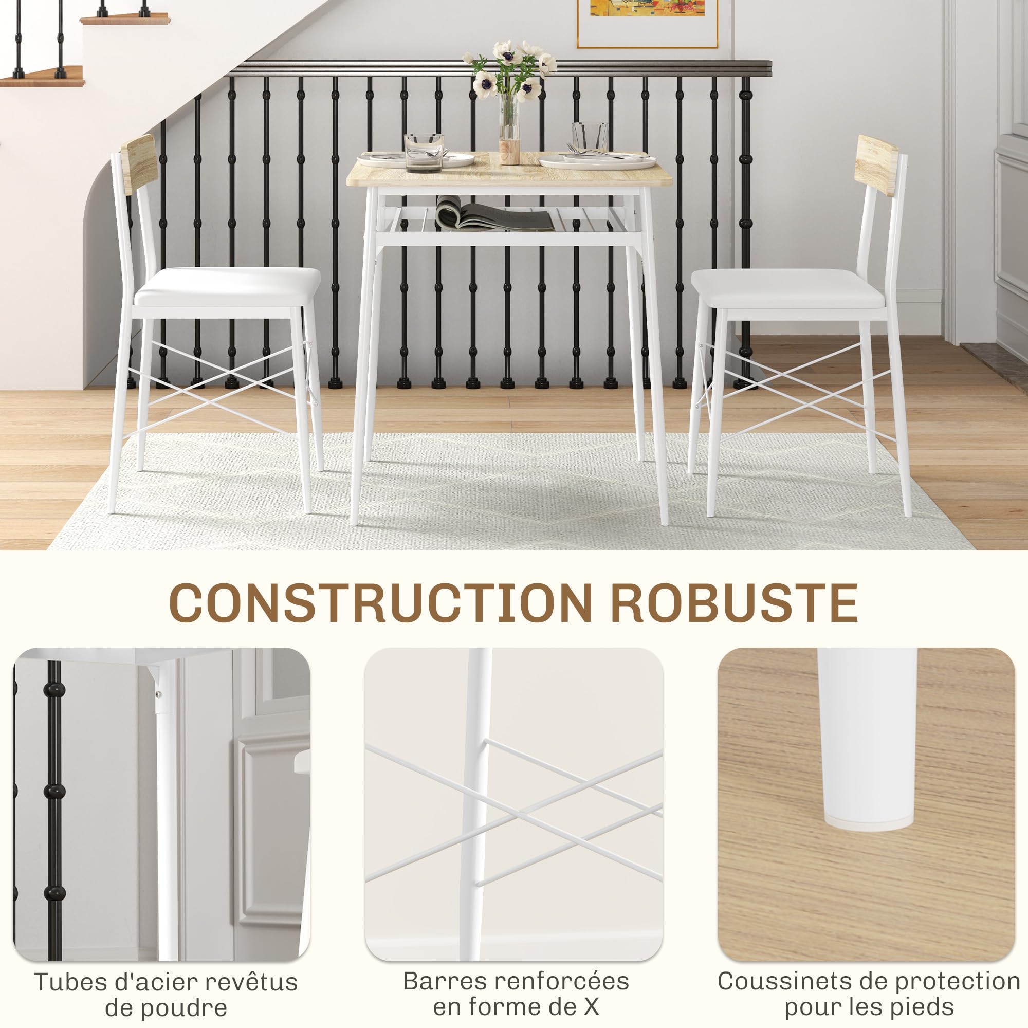 HOMCOM Ensemble Table et chaises, Table de Cuisine avec 2 chaises encastrables, Structure en Acier, pour Cuisine Salon Maison, Blanc et chêne