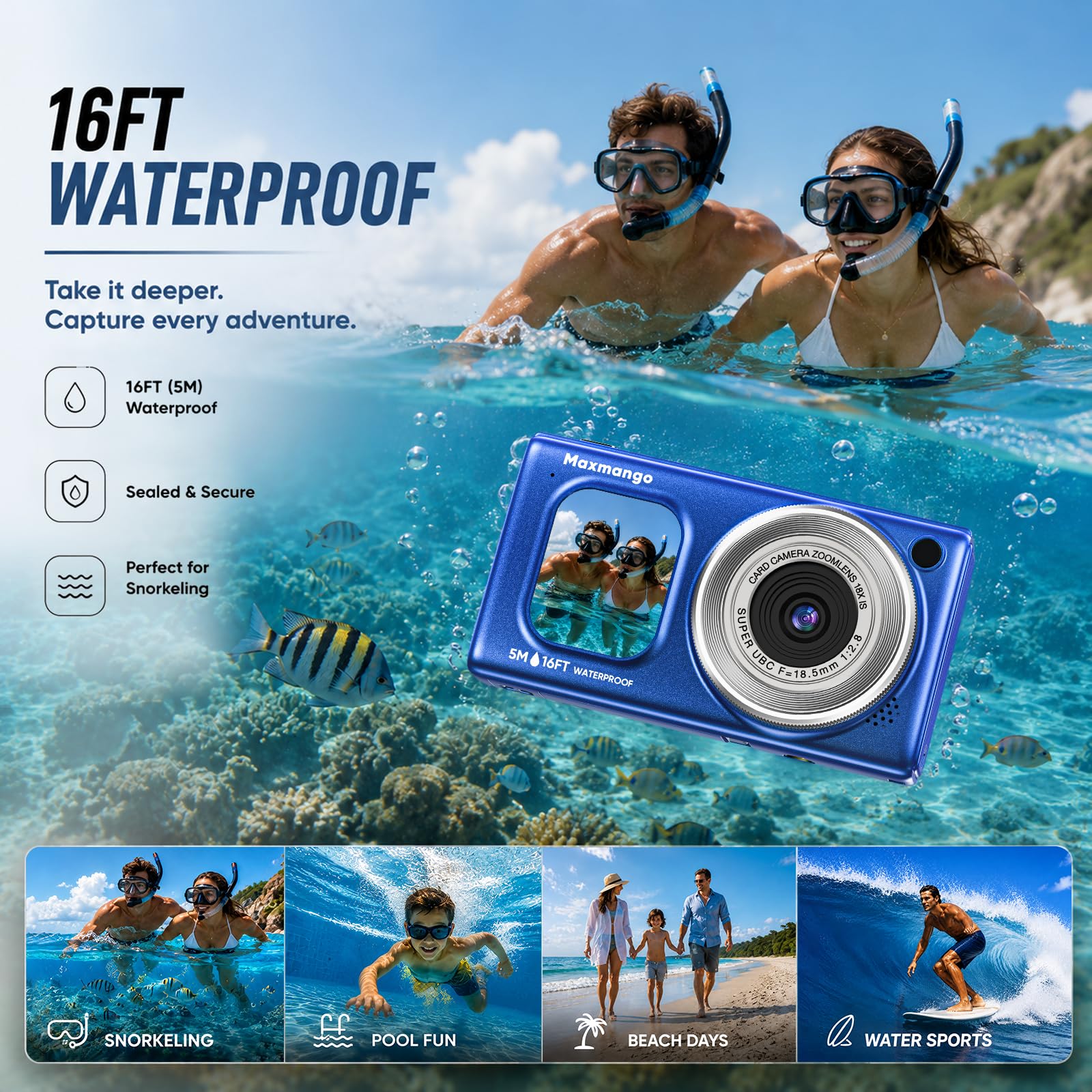 16FT Cámara Subacuática Impermeable 4K 48MP con Batería Extraíble 1500mAh | Maxmango D71 Cámara Digital con Doble Pantalla, Zoom 18X, Autofocus, Diseño Flotante para Snorkel, Surf y Natación, Azul(8GB)