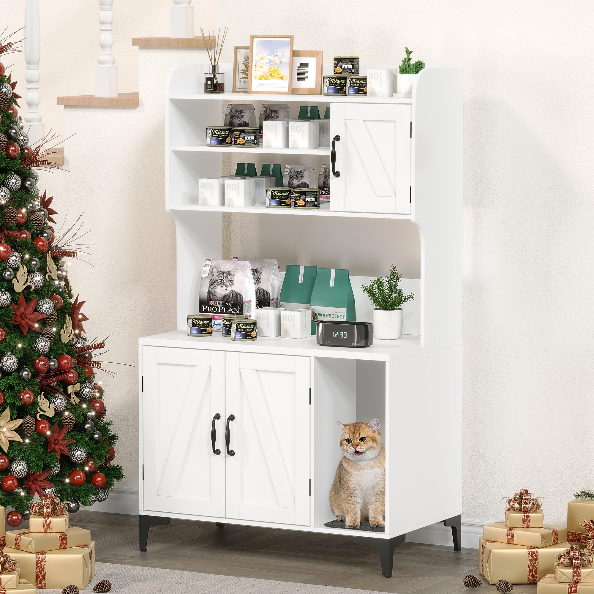 Modern Cat Litter Box Furniture Enclosure with Scratching Post and Storage Shelves, Hidden Litter Box Cabinet Multi-Functional Pet House for Living Room Bedroom