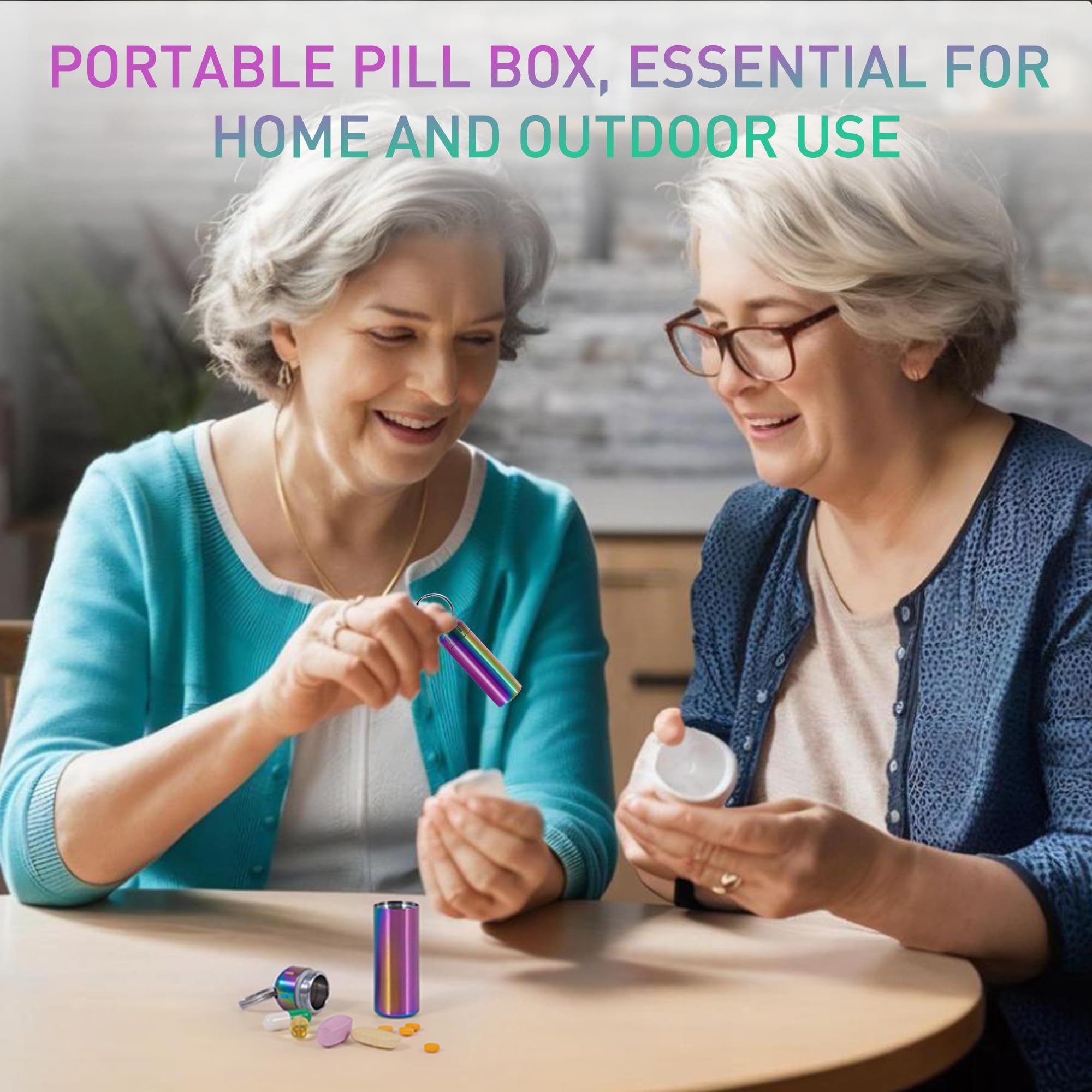 VTAR Llavero pastillero de acero inoxidable, paquete de 2 pastilleros de metal de emergencia | Pastillero impermeable para nitro, vitaminas, auriculares, Twist Top, mini para viajes, EDC, al aire libre, color arcoíris