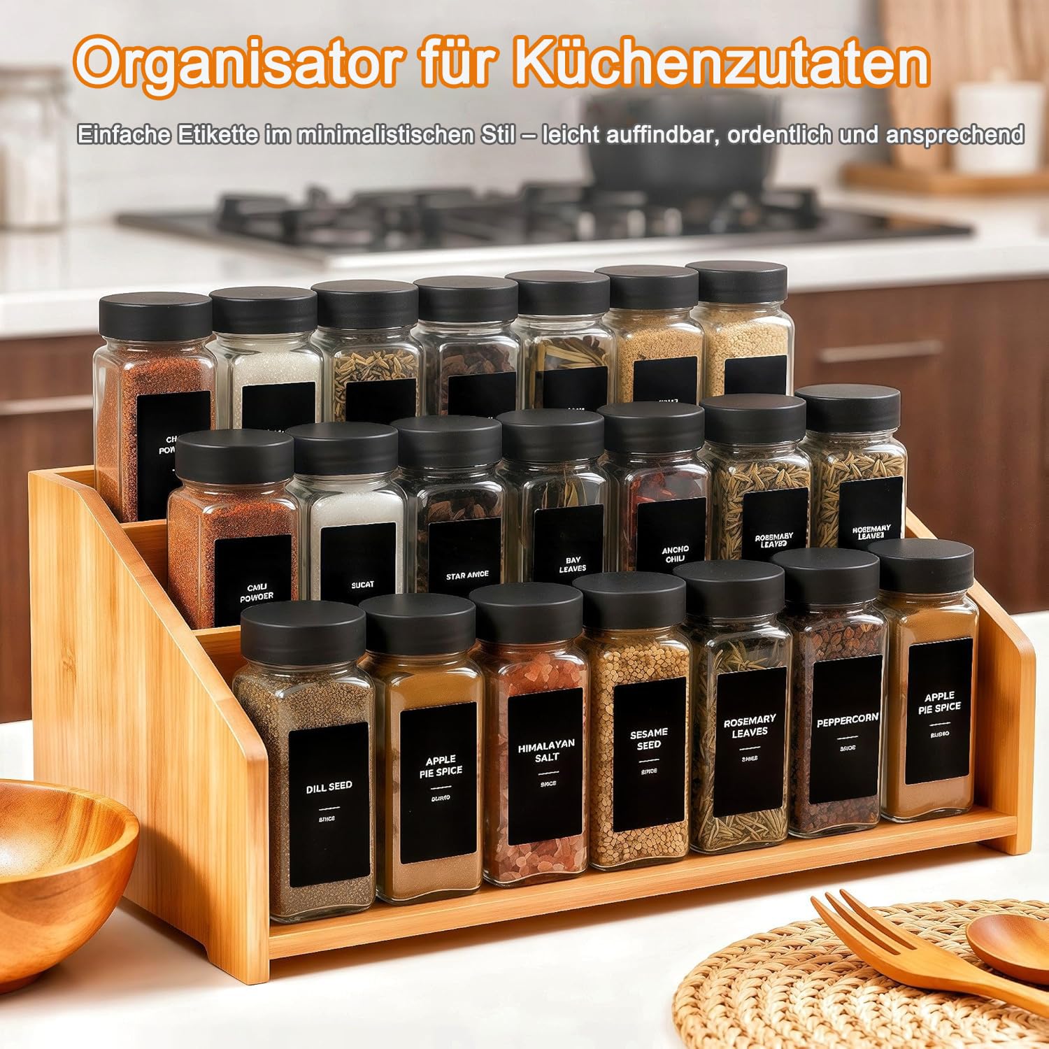 Lot de 24 bocaux à épices avec insert à saupoudrer de 120 ml + 192 étiquettes étanches - Bocaux à épices hermétiques carrés - Saupoudreur à épices en verre - Spice Jars Set - Bocaux à épices
