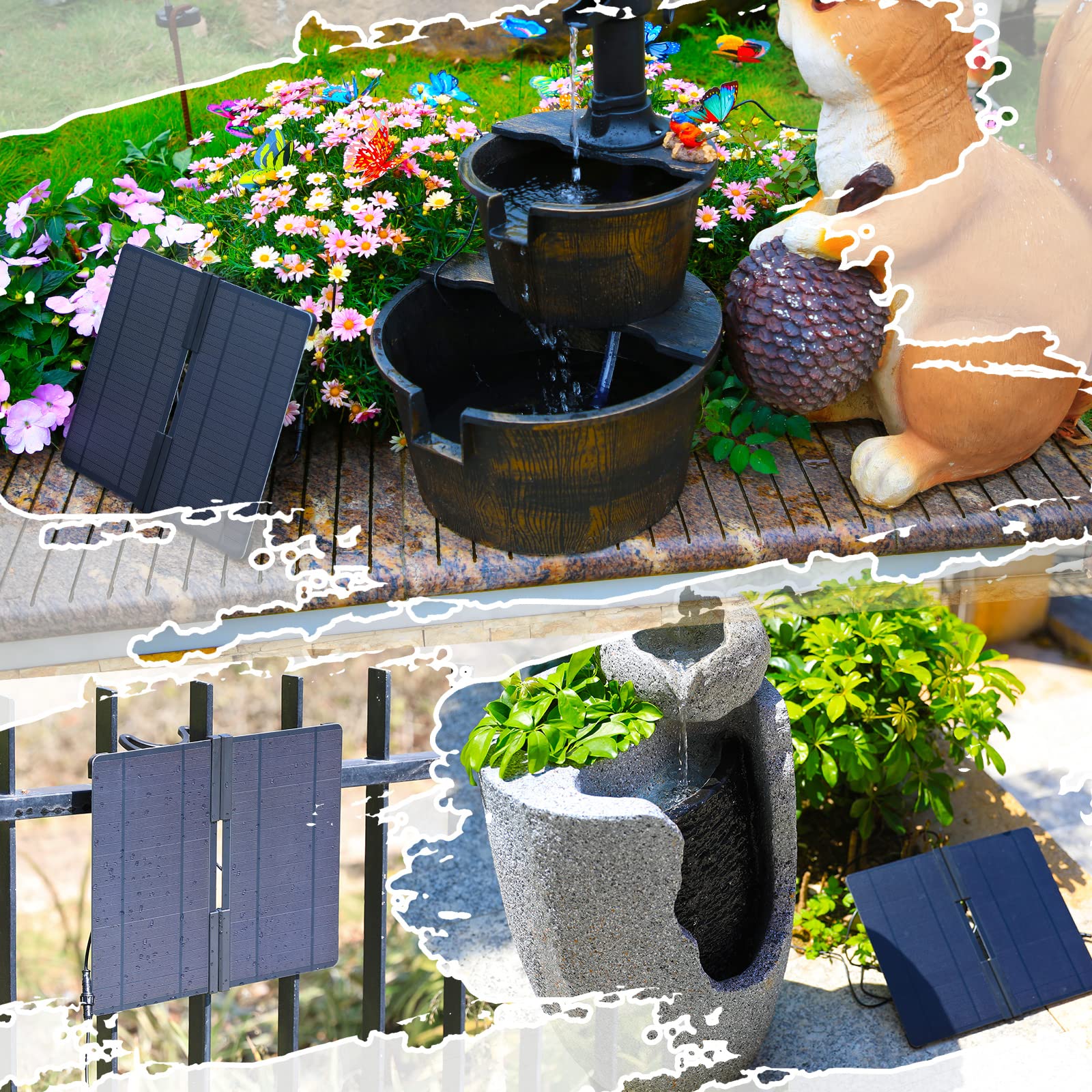 AMZtime 20W Fontana Solare da Esterno Fai Da Te, Ultimo Aggiornamento Pompa Stagno Solare Pieghevole, con Supporto Regolabile e 6 stili di fontana, per Giardino, Stagno, Fai Da Te Acqua Caratteristica