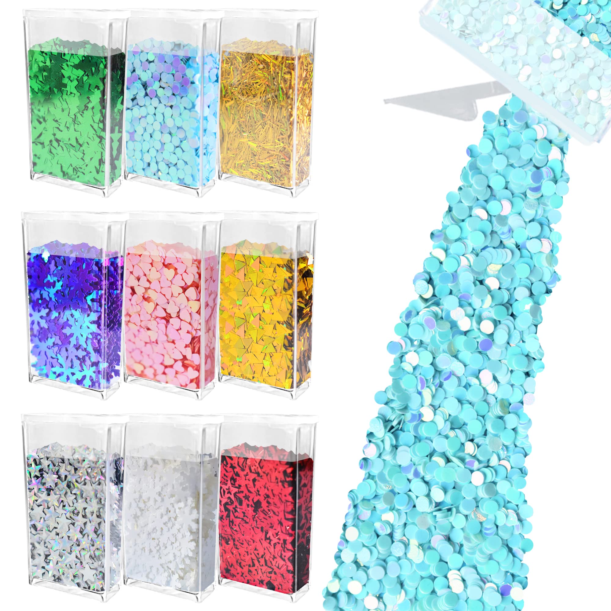 WenidaGlitter 9 Bottle Christmas Holographic Iridescent Chameleon Laser Festival Sequins Snowflakes Tree Craft Chunky Glitter for Arts Face Hair Body Nail