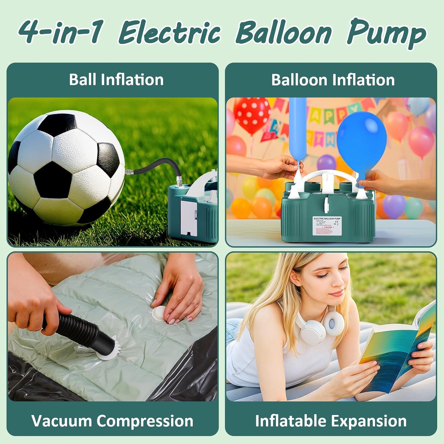 4-in-1 Balloon Pump Electric Balloon Pump Inflador De Globos Electrica Sports Balls Pump for All Balloons Latex Foil 260q Mylar Balloon, Air Cushion Pool Float Yoga Ball Inflator Balloon Machine