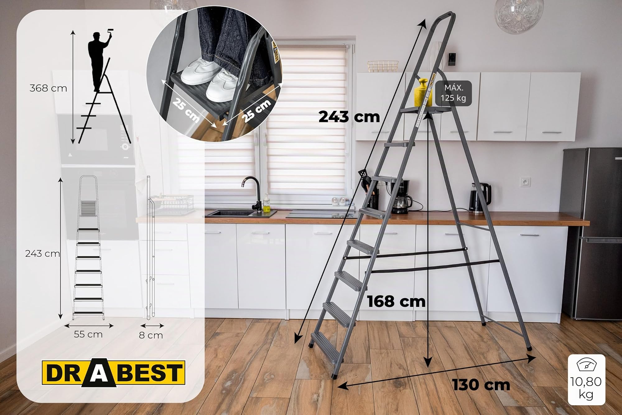 DRABEST - Escalera de Tijera - con 8 peldaños - Capacidad de Carga hasta 125 kg - 2,43 m de Largo - Altura de Trabajo 3,68 m - Escalera de Tijera - para el hogar, Trabajos de Pintura - Gris