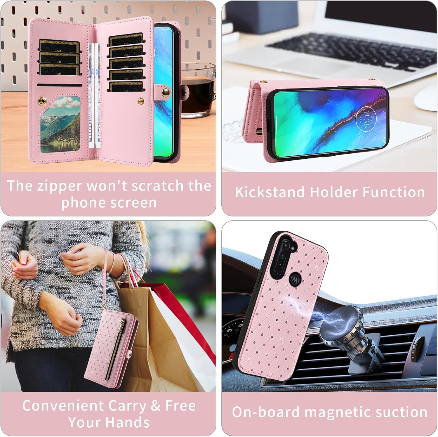 Phone Case for Moto G Stylus 2020 MotoG Pro Zipper Wallet Detachable Cell Cover with Screen Protector Crossbody Strap Bling Flip Credit Card Holder Motorola GStylus Stylo XT2043-4 XT2043 Women Pink