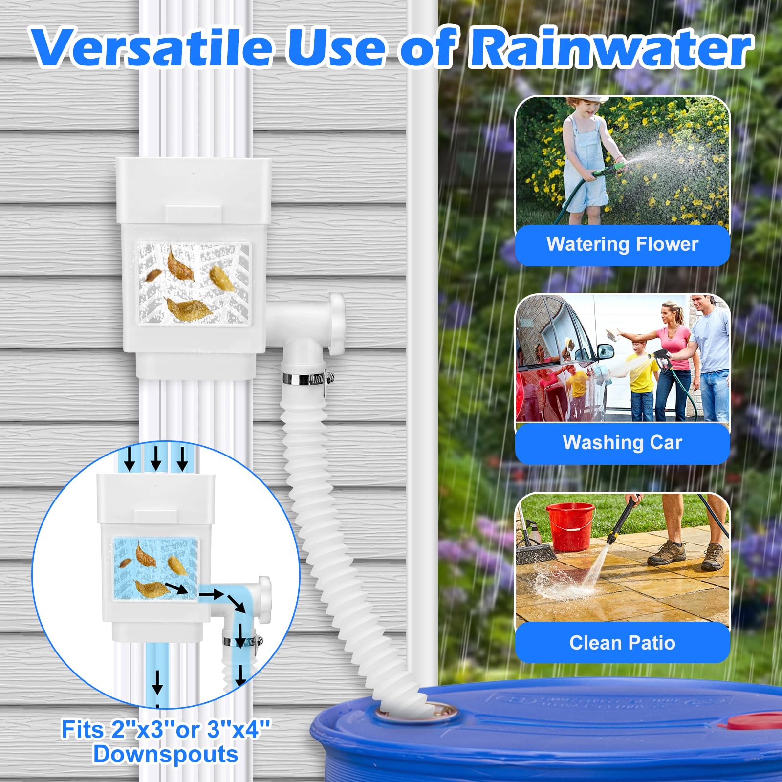 WADEO Sistema de recolección de agua de lluvia, desviador de bajante para bajantes residenciales de 2 x 3 pulgadas o 3 x 4 pulgadas, kit desviador de barril de lluvia con válvula ajustable y filtro,