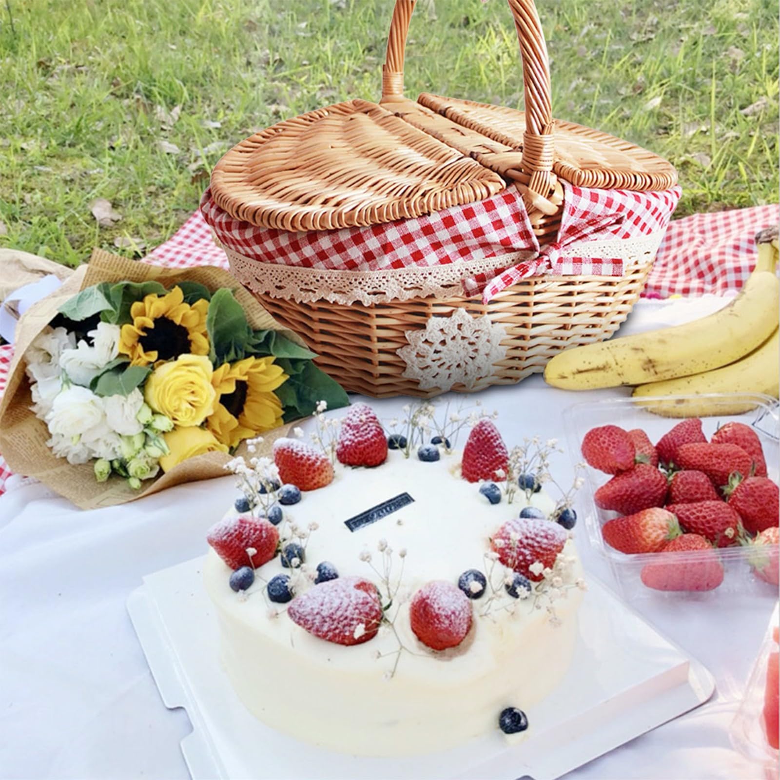Panier De Pique-nique En Osier Tressé Main - Avec Couvercle, Poignée Et Doublure Amovible - Pour Camping, Fêtes