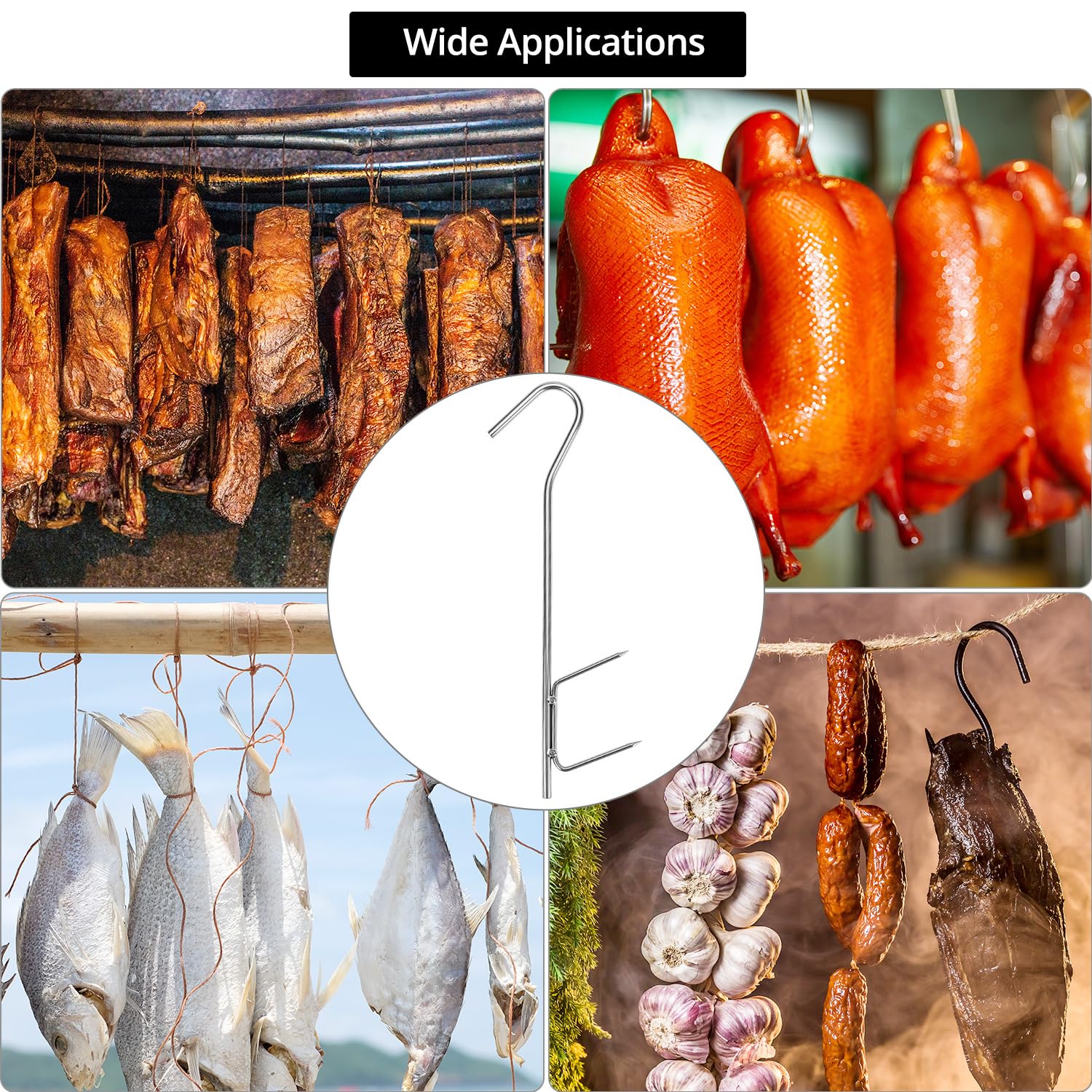 QWORK® 12 Stück Räucherhaken, 304 Edelstahl Räucherhaken Doppelhaken 21CM, für Fisch, Fleisch, Wurst - Image 4