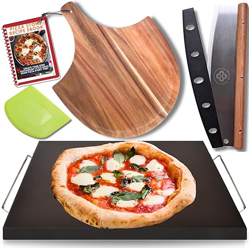 Piedra de pizza negra para horno y parrilla con pelador de pizza de madera y cortador de pizza piedra de hornear de cordierita revestimiento de