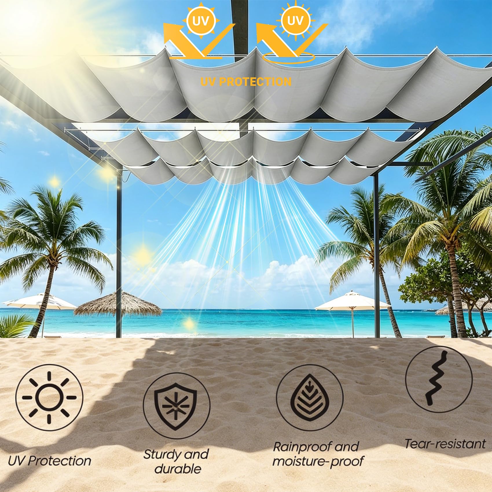 Einziehbares Sonnensegel 280 x 480 cm Sonnenschutz Wasserdicht Uv-Beständig, Nach Maß, Verstellbar, Reißfeste Schattenabdeckung mit Ösen Kordel für Terrasse Pergola Garten, cremefarben
