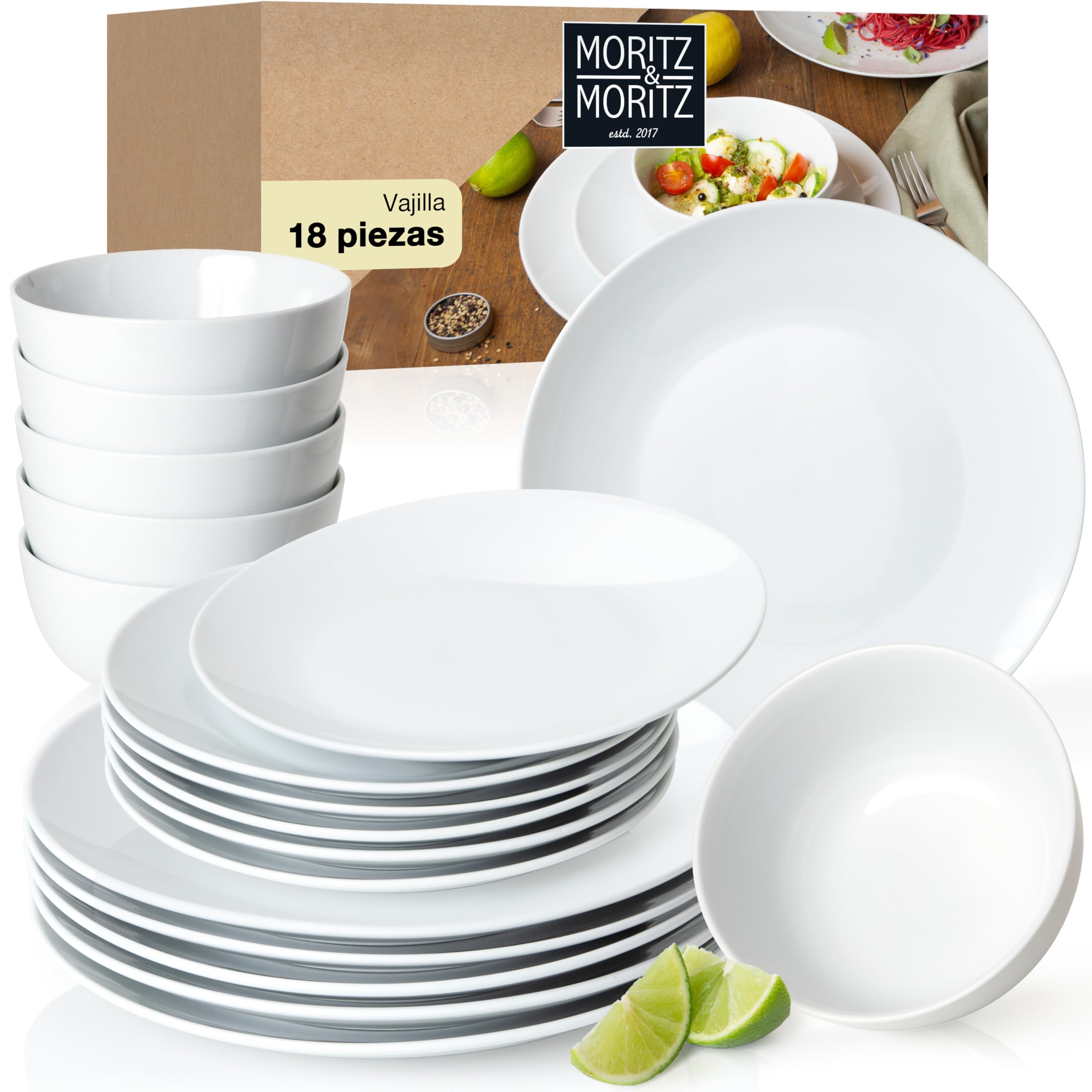 Moritz & Moritz BASIC Set da 18 pezzi - de Porcelana en Blanco Clásico - Compuesta por 6 Platos Llanos, 6 Platos de Postre y 6 Cuencos