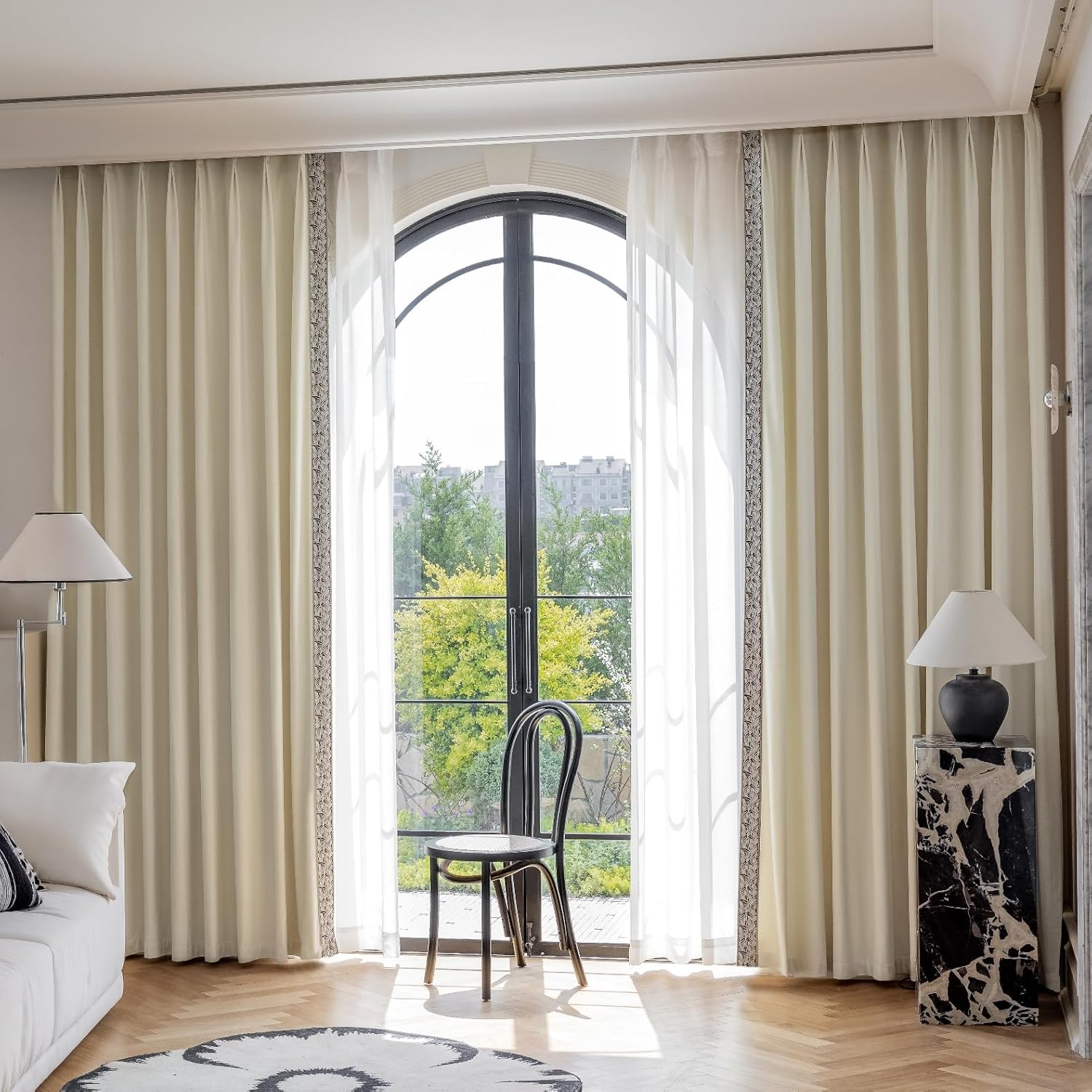 Beige Velvet Curtains with Black - White Embroidered Trim, Elegant Living Room Decor(White, 50" W x 108" L (Pack of 2))