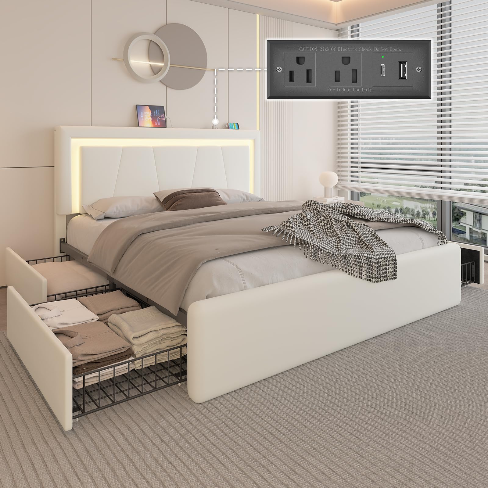 Queen Size Bed Frame with 4 Storage Drawers and LED Lights, Upholstered Platform Bed with Adjustable Headboard and Charging Station, Metal Slats