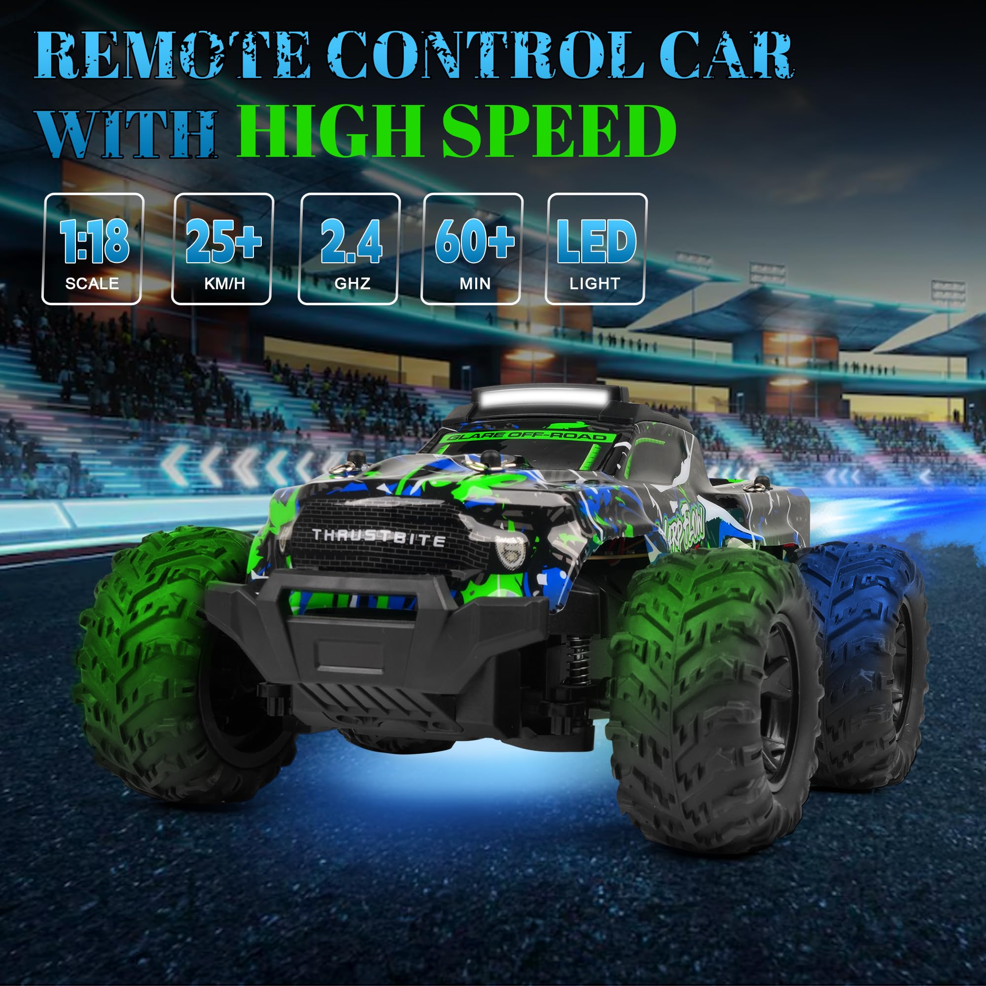 Samochód zdalnie sterowany - 1:18 RC Buggy 25 KMH+ 2,4 GHz Samochód Rc Truck z 2 akumulatorami 2WD, zabawka terenowa dla dzieci i dorosłych - zielony