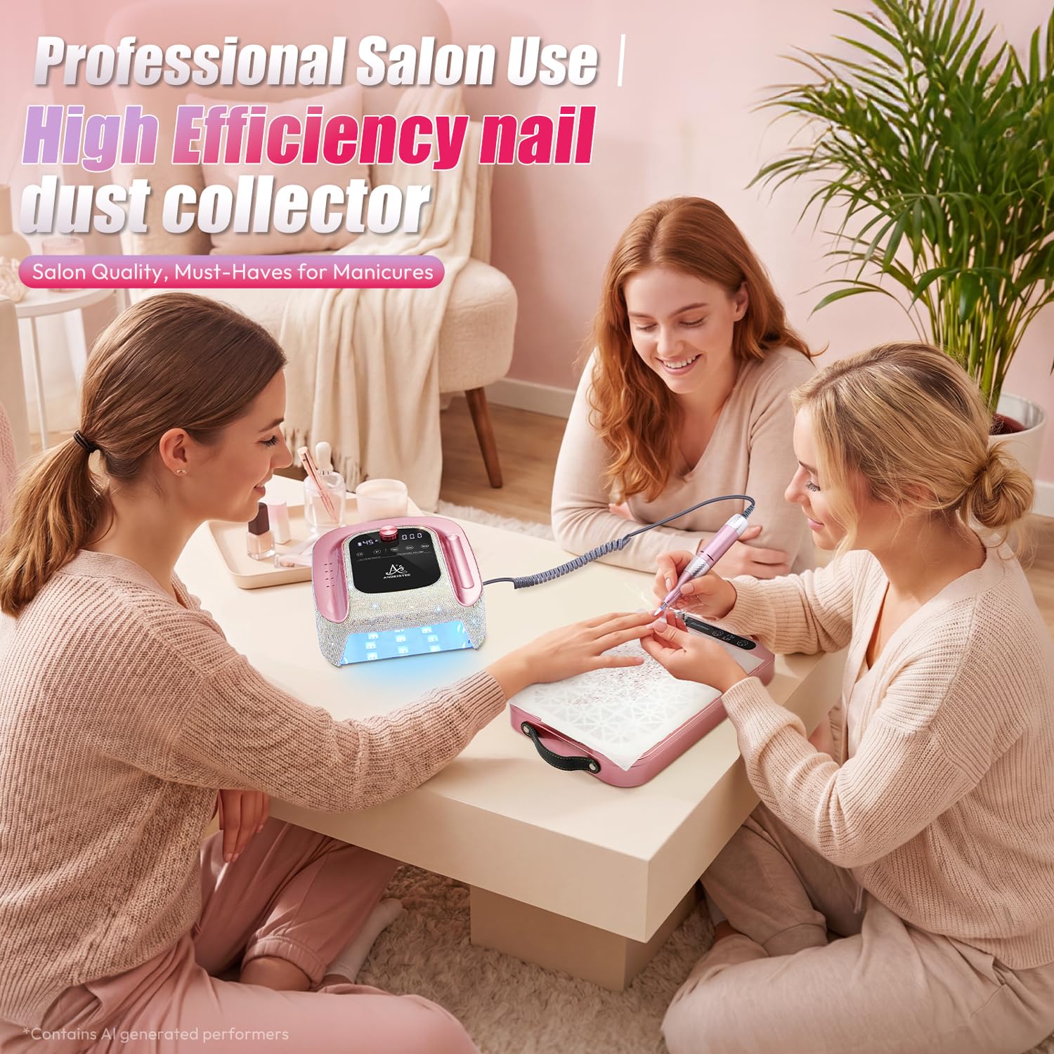 Colector de Polvo de Uñas, 2000PA Profesional Colector de Polvo de Tecnología Uñas con 45 Papeles de Filtro Desechables para Manicura en el Salón de Uñas y Casa Bricolaje, Rosa