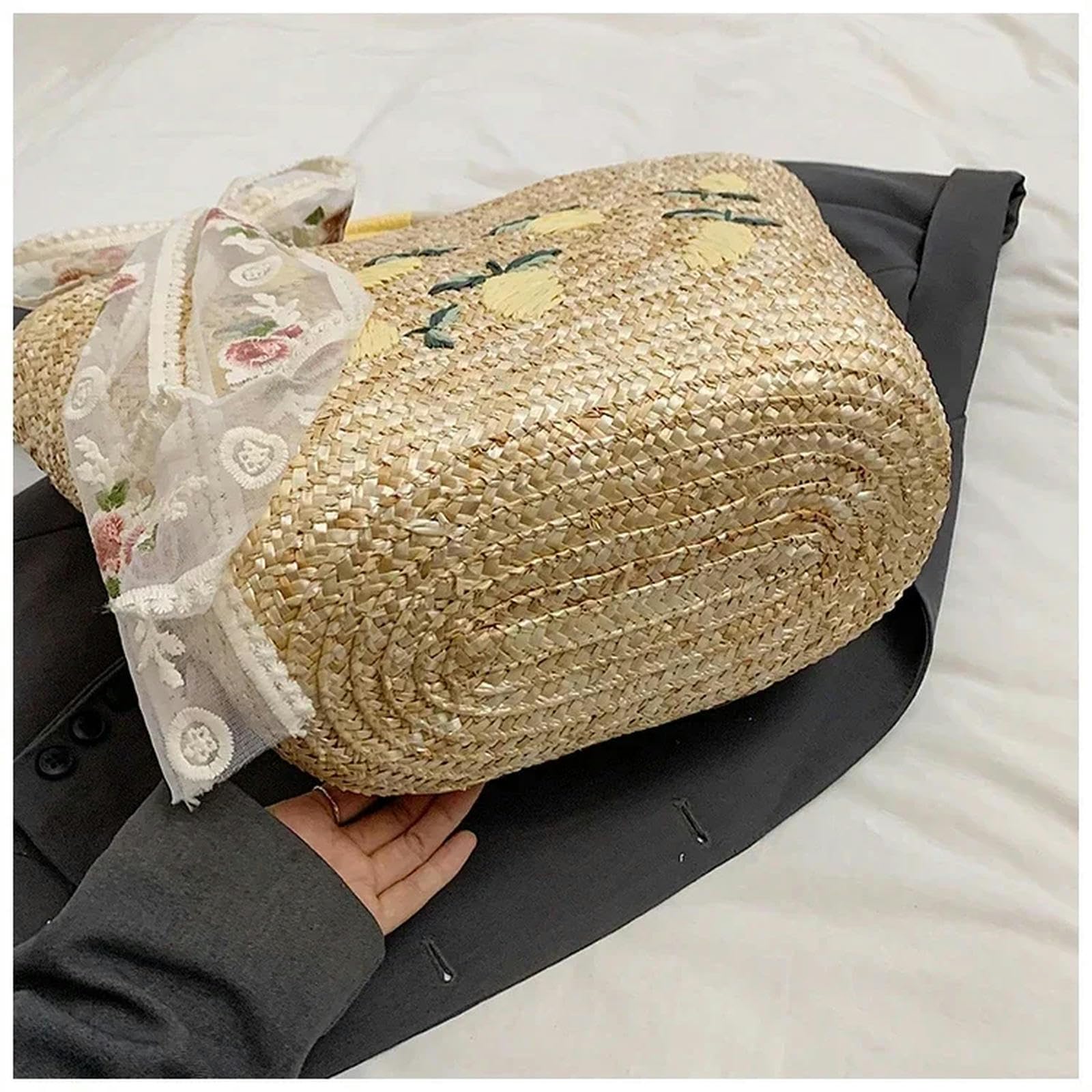 Borsa Paglia Sacca da Donna Estiva Grande Borsa Ricamata A Paglia con Borsetta da Donna in Prua in Pizzo-Beige