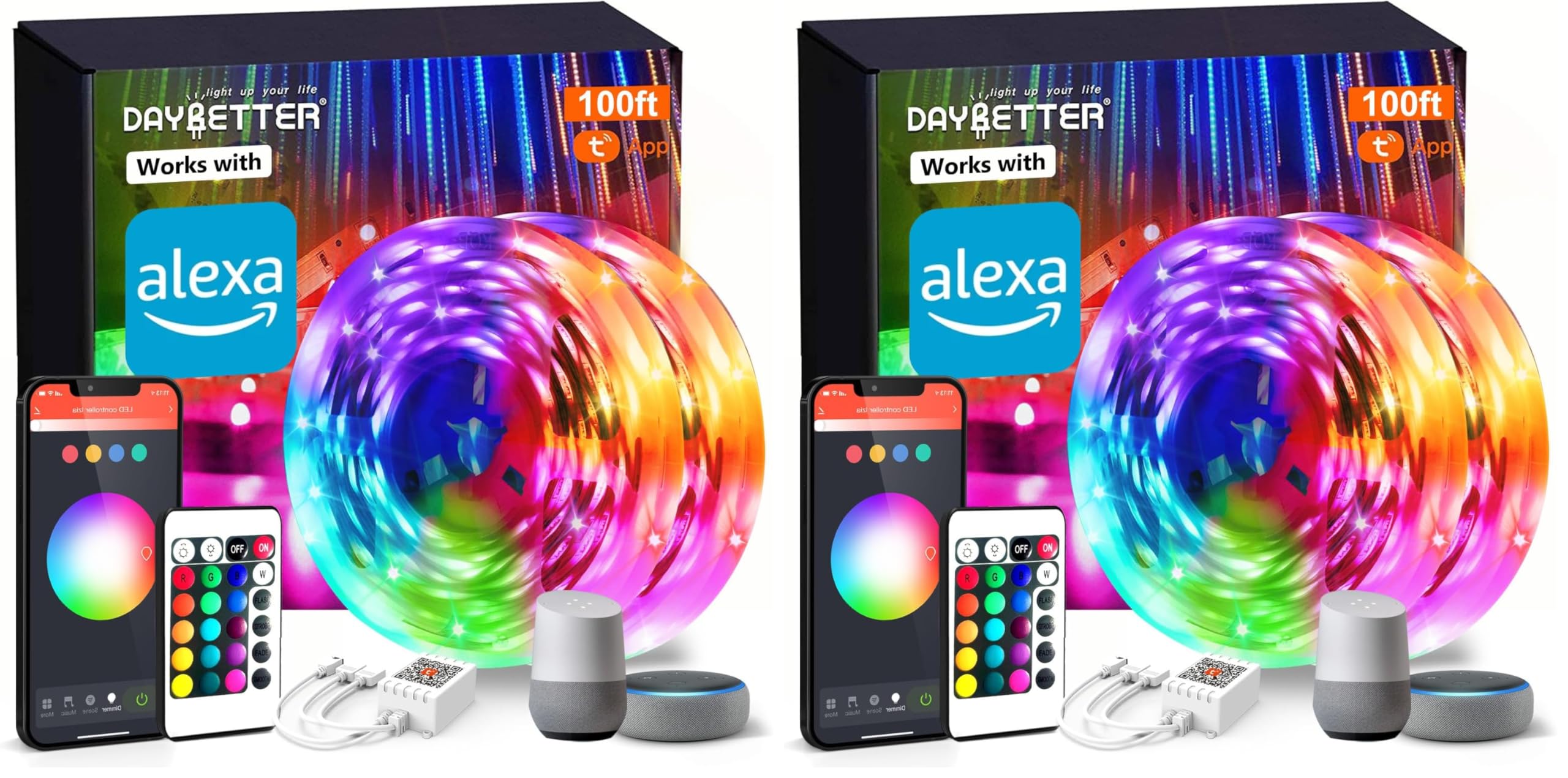 DAYBETTER Smart WiFi Led Lights 100ft, Tuya App Controlled Led Strip Lights, Work with Alexa and Google Assistant, Timer Schedule, Color Changing Led Lights for Bedroom Party Kitchen (Pack of 2) 100ft (Pack of 2)