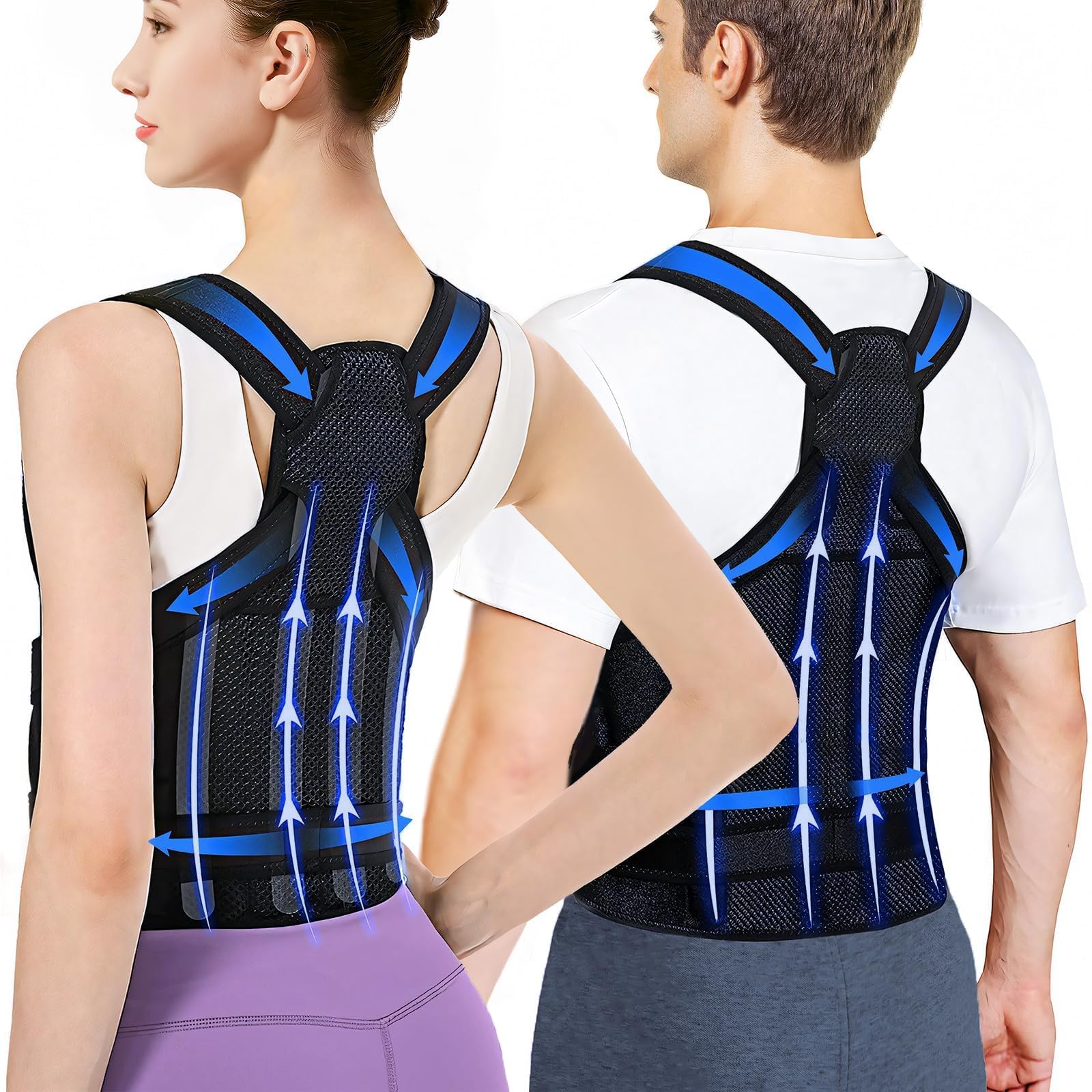 Fascia Correttore Posturale Spalle Schiena Dritta, Tutore Postura Schiena Uomo e Donna, Busto Posture Corrector ,Elastica Regolabile Cintura di Correzione Della Postura , Nero Puro, M-(31.9"-37.4")