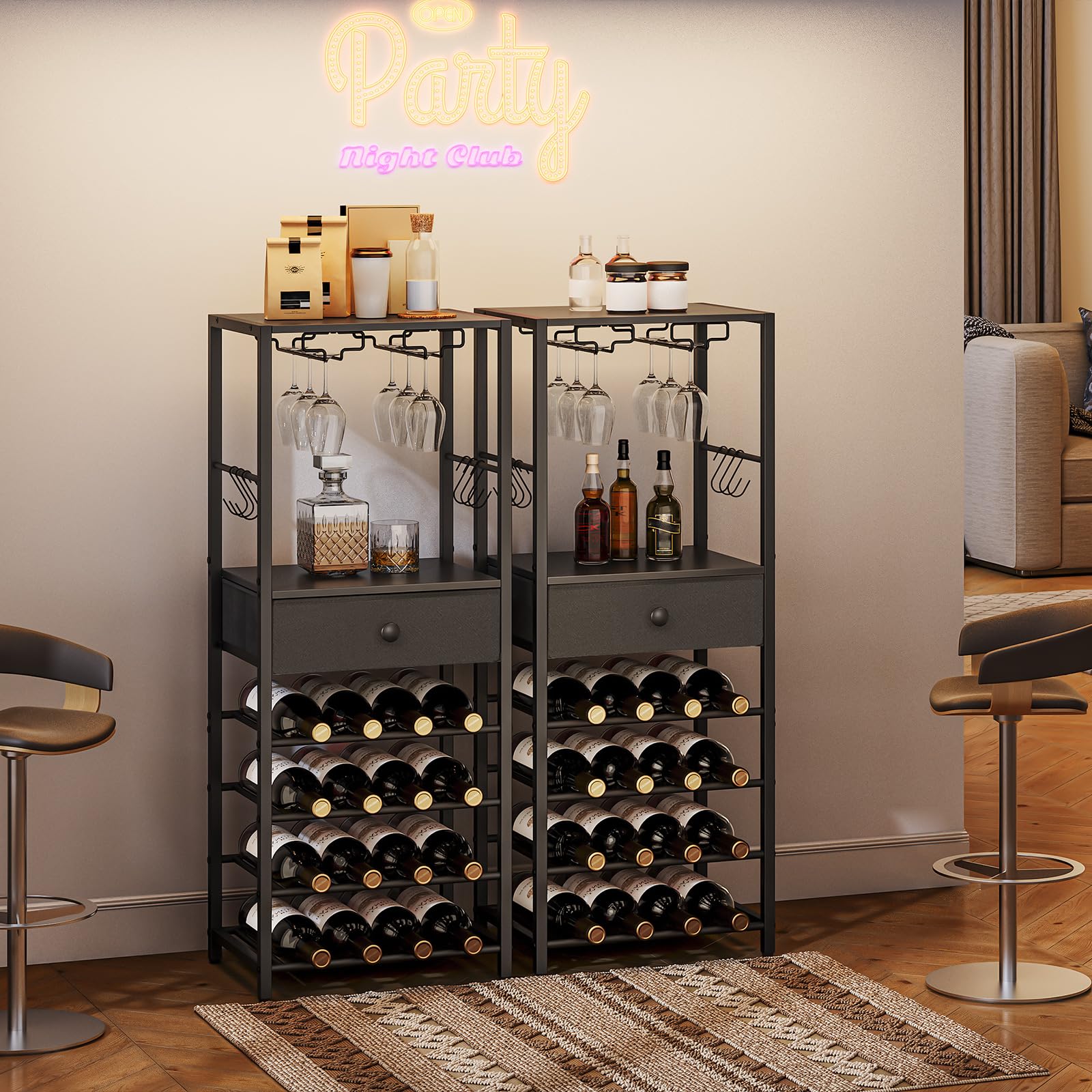 HOOBRO Scaffale Porta Vino, Portabottiglie a 6 Livelli con Porta Calici, Organizzatore da Bar per Bottiglie di Vino, con Cassetti e Ganci, per Cucina, Sala da Pranzo, Schwarz EBB10JJ01
