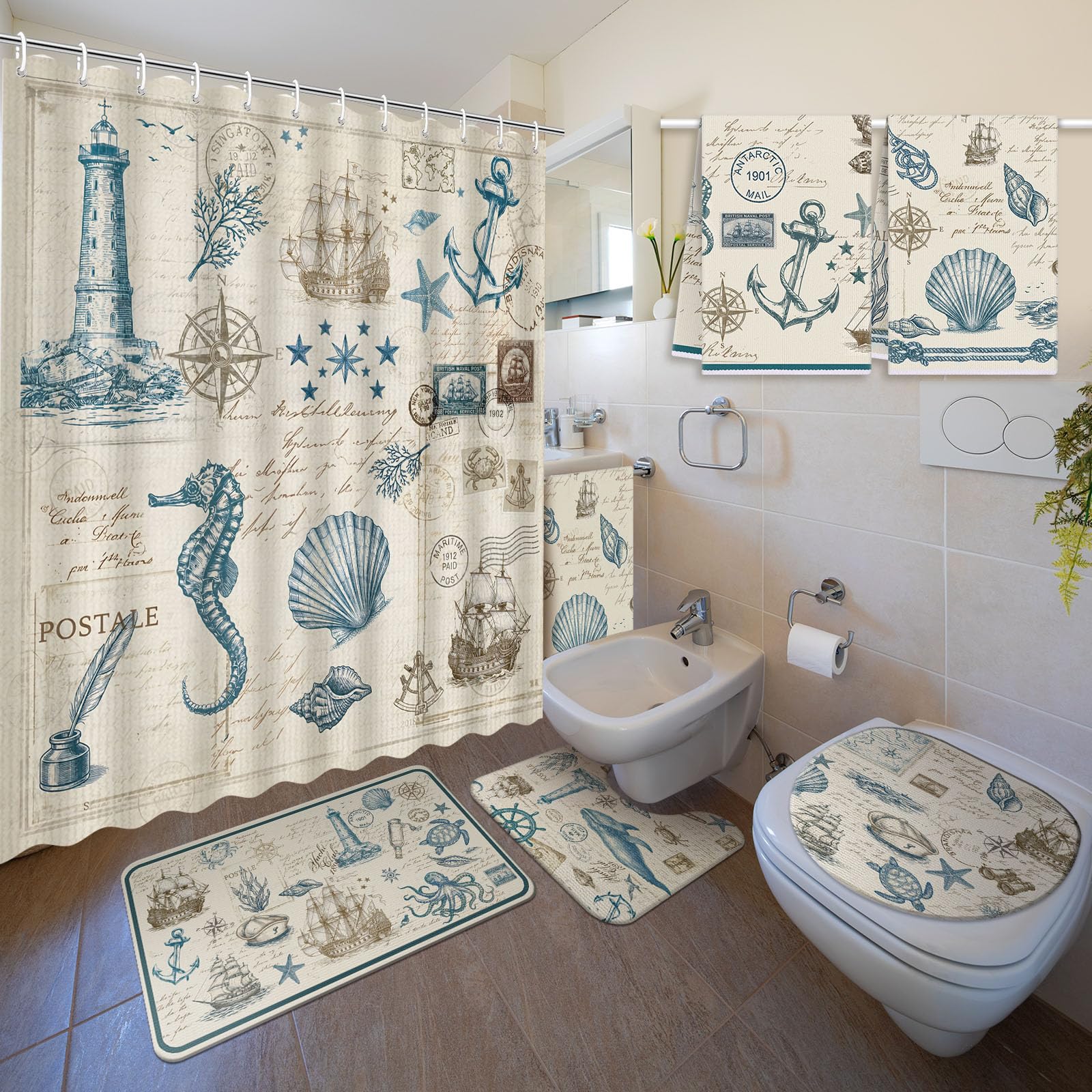 Nuanchu 6 Pcs Nautical Coastal Shower Curtain Set with Rug Bathroom Sets
