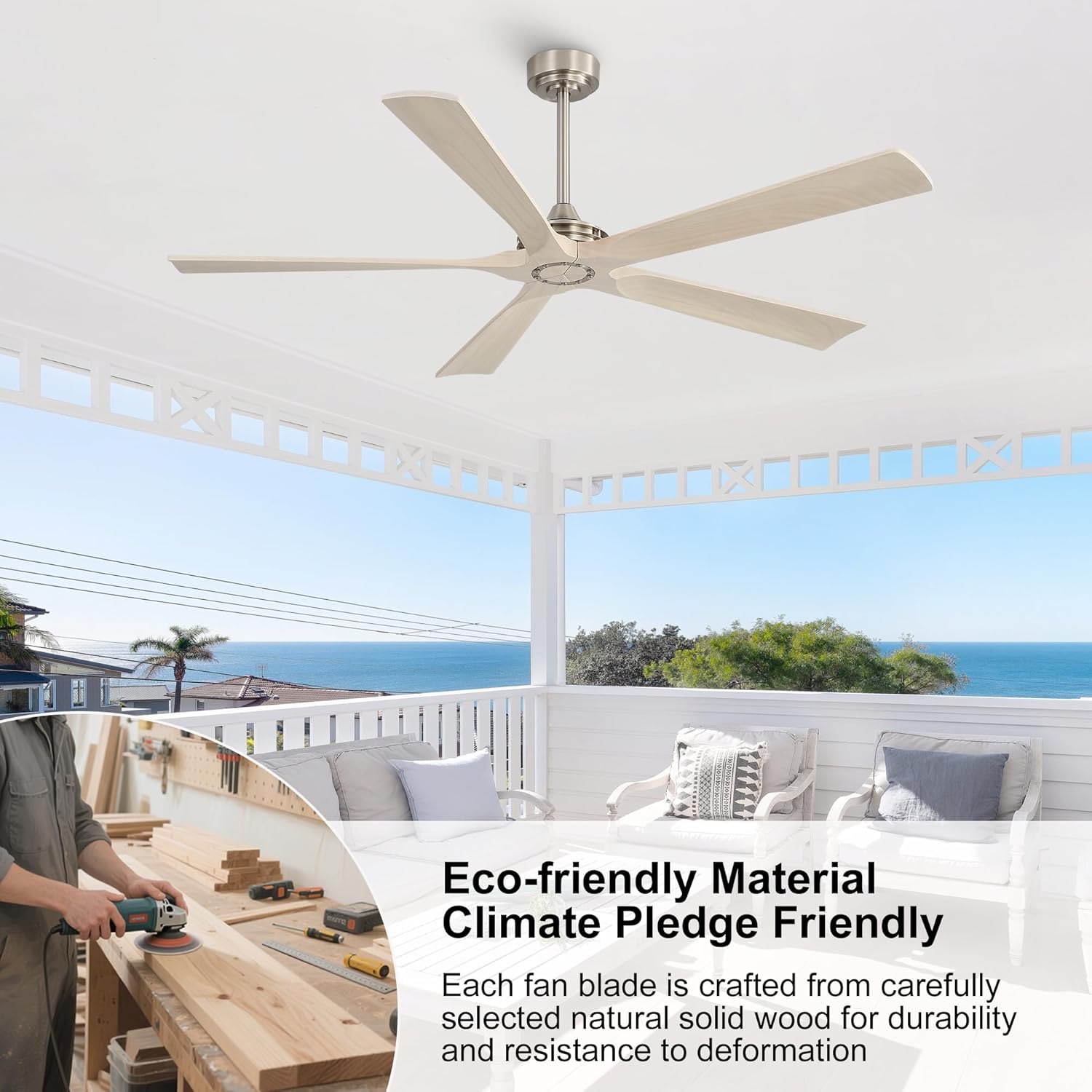 WINGBO 60 Inch Ceiling Fan without Light - 5 Carved Solid Wood Blades, 6-Speed Reversible DC Motor, Noiseless Remote Control Ceiling Fan No Light for Bedroom Living Room Kitchen, Nickel and Ash Wood