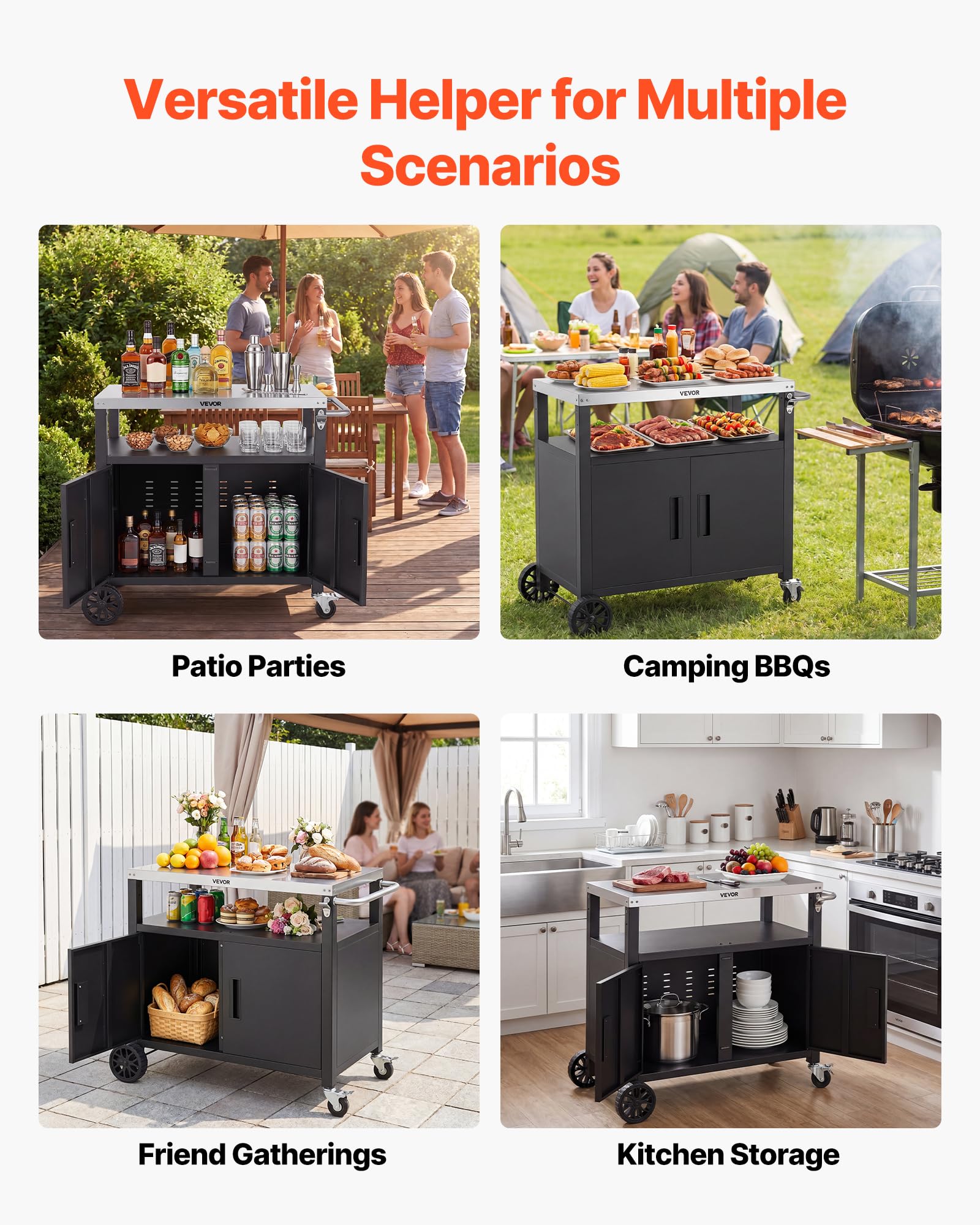 VEVOR Carrello per Barbecue Cucina da Esterno, Tavolo con Ruote per Barbecue Portaoggetti da Esterno Isola Cucina con Ripiano in Acciaio Inox, 924 x 445 x 818 mm, Mobiletto Preparazione da Giardino