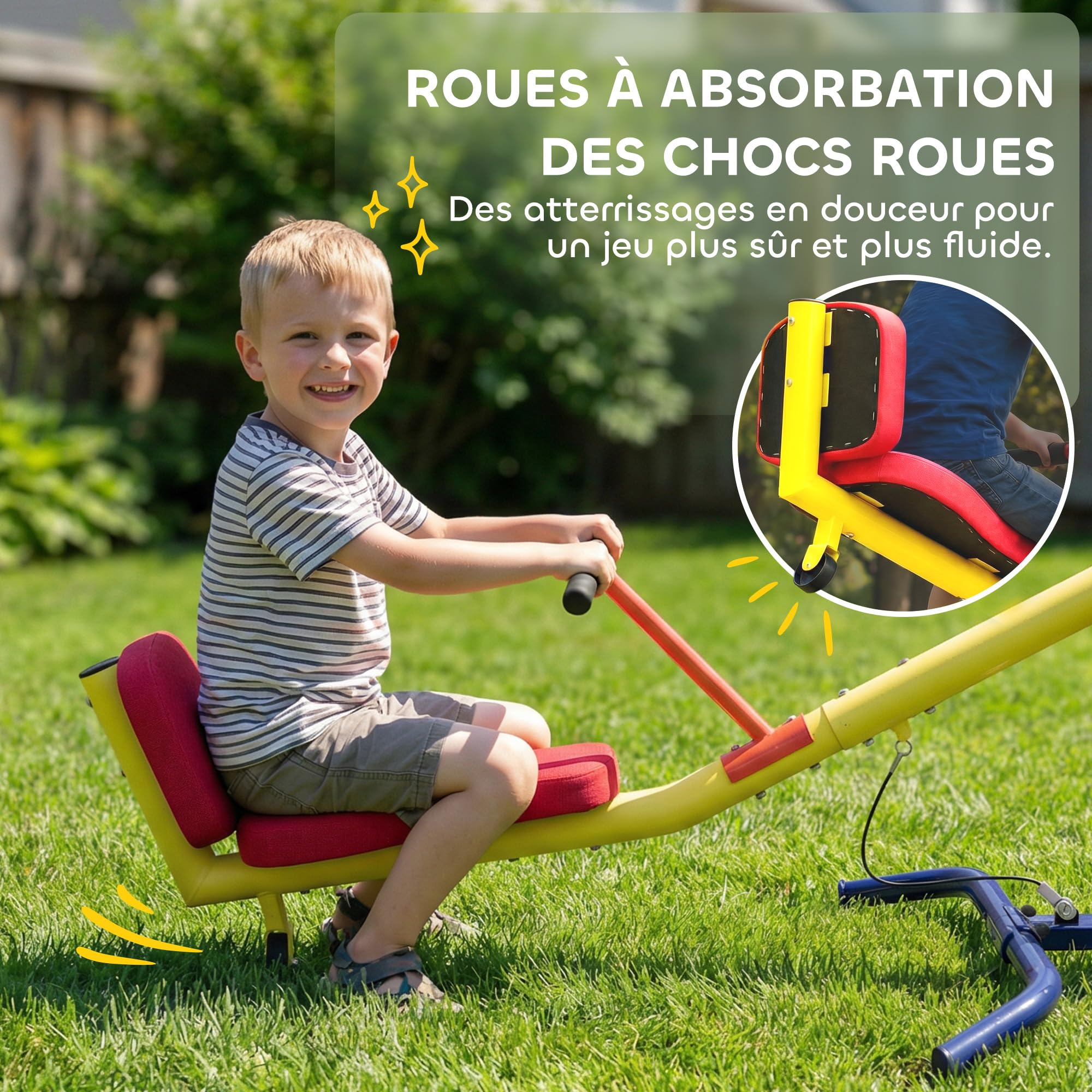 AIYAPLAY Balançoire à Bascule Enfant, trébuchet Rotatif 360°, 3 à 12 Ans | Sièges rembourrés avec dossiers, capacité 200 kg, 253 x 96 x 75 cm, multicolore